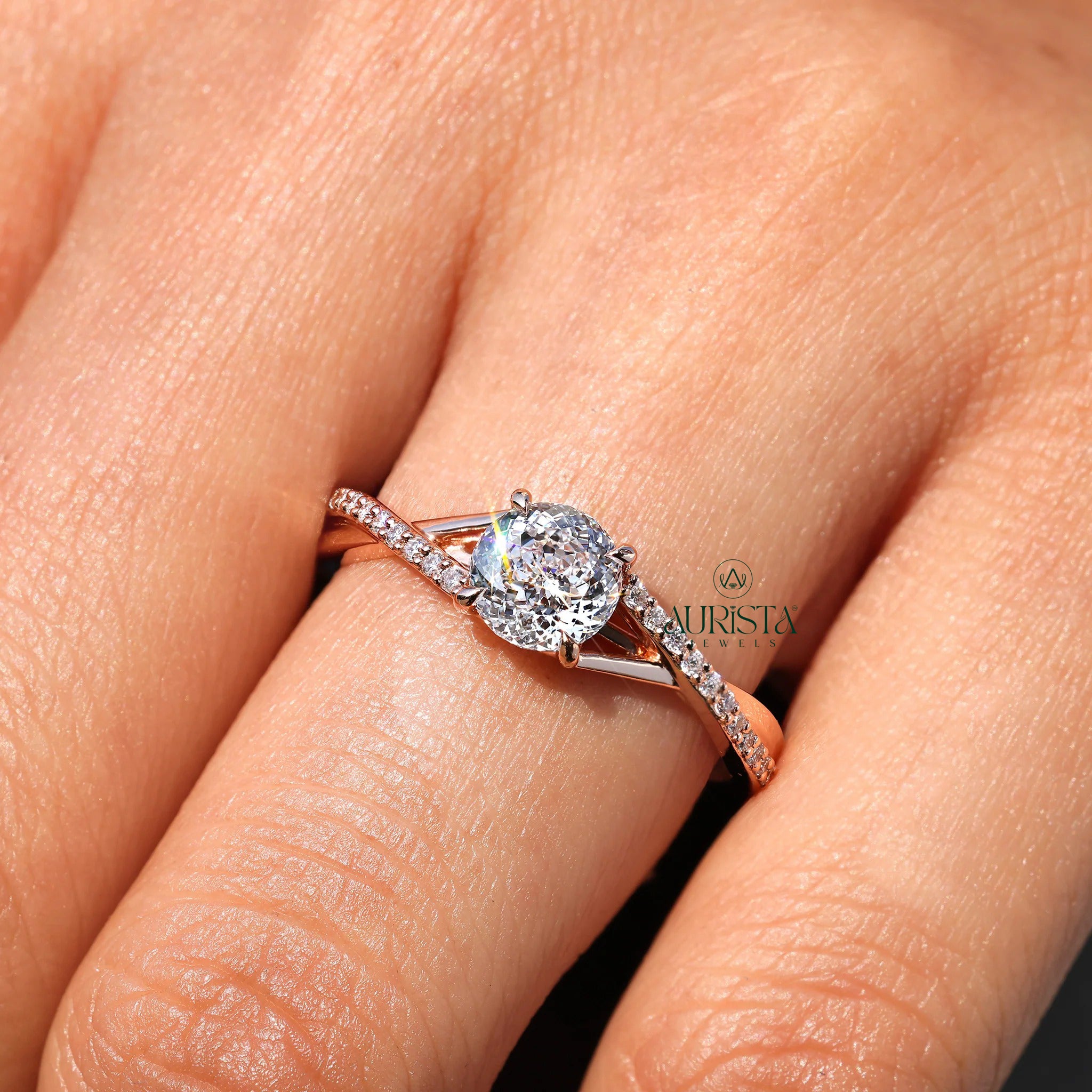 Round Brilliant Cut Ring with Side Stones and Hidden Halo