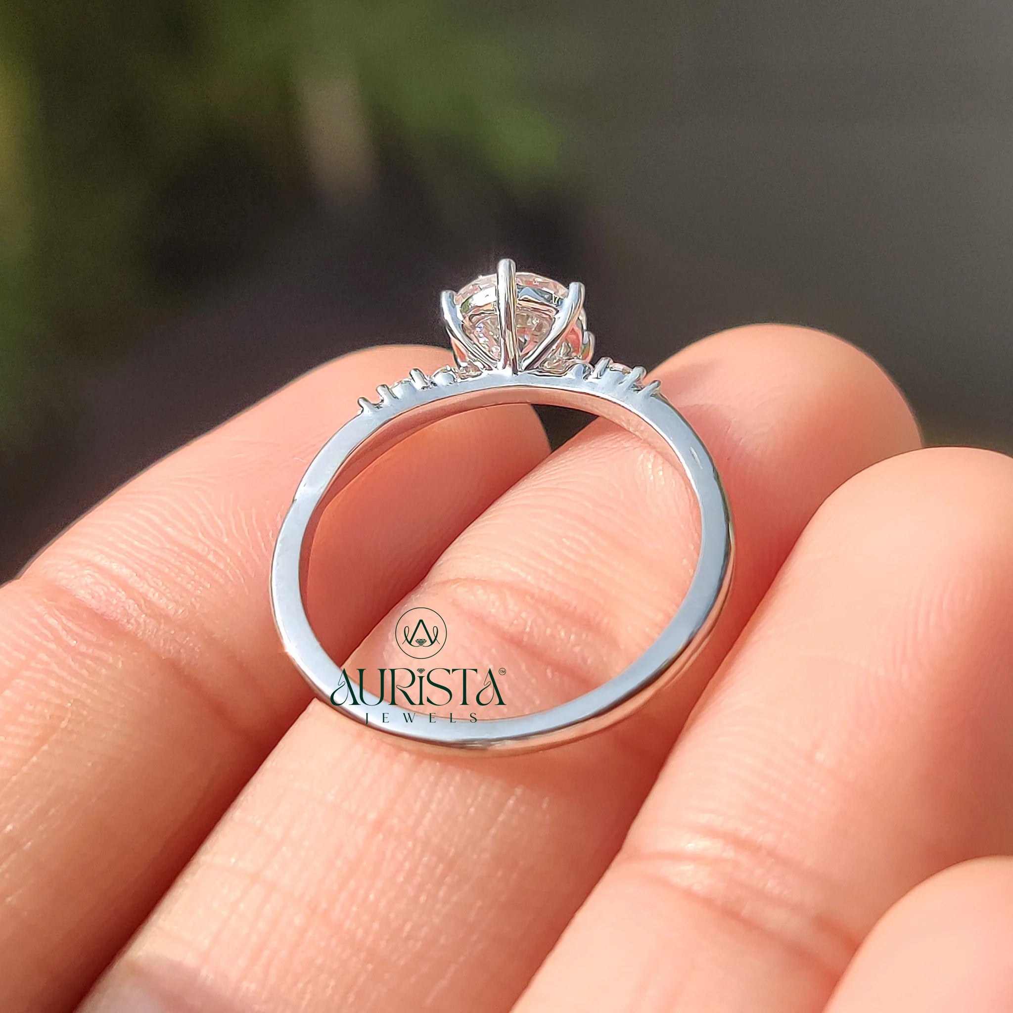 Round Brilliant Cut Diamond Ring with 6-Prong Accent Band