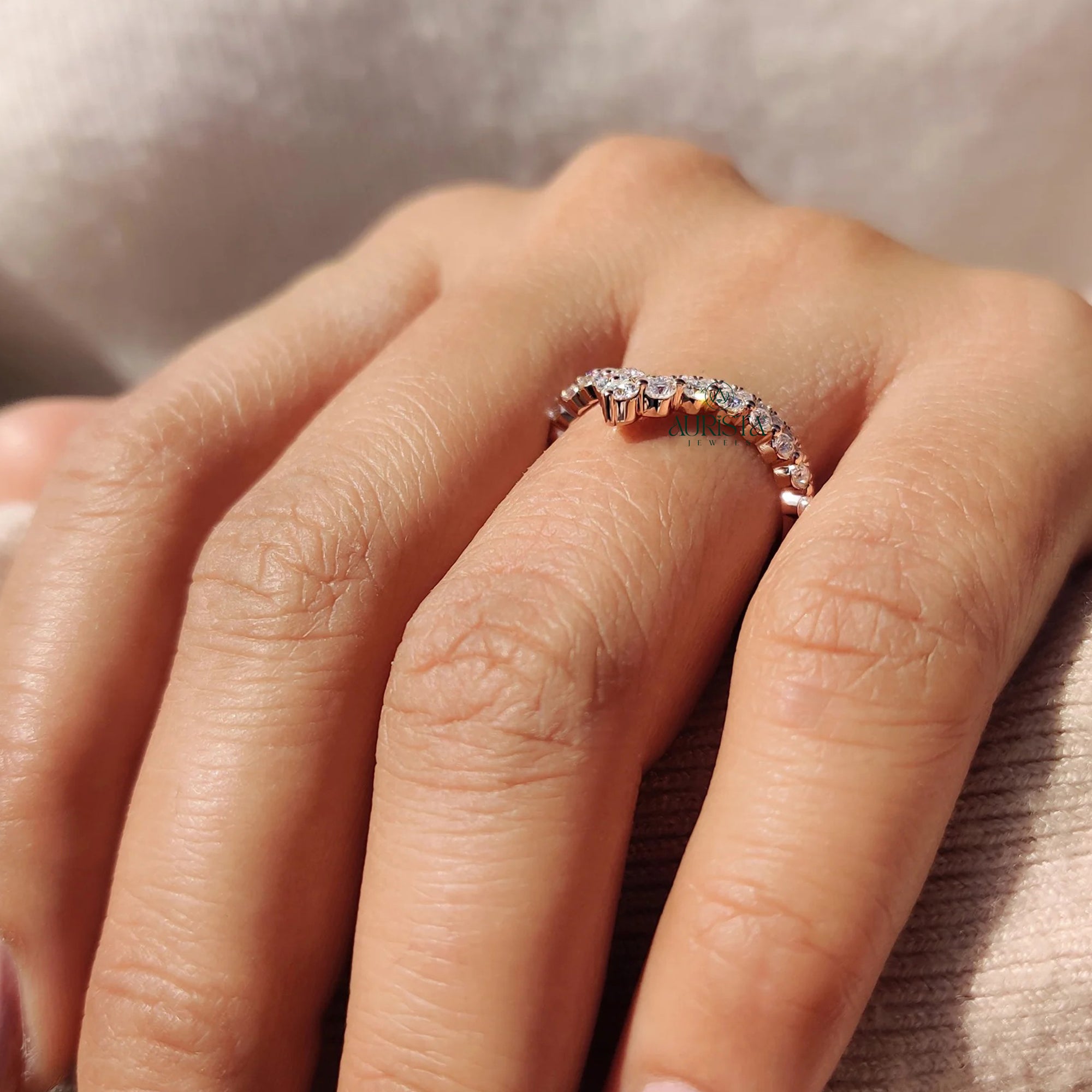 Rose Gold Chevron Lab Grown Diamond Wedding Band Curved Double Row Stackable Ring