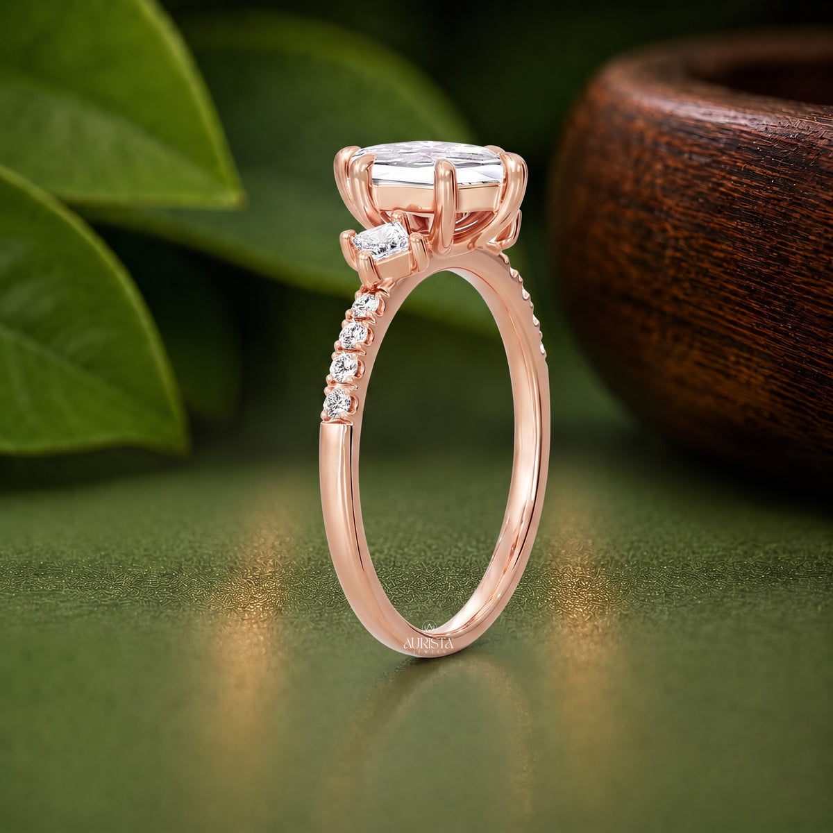 Hexagon Moissanite Diamond Ring, Rose Gold Three Stone Ring With Princess Side Stones