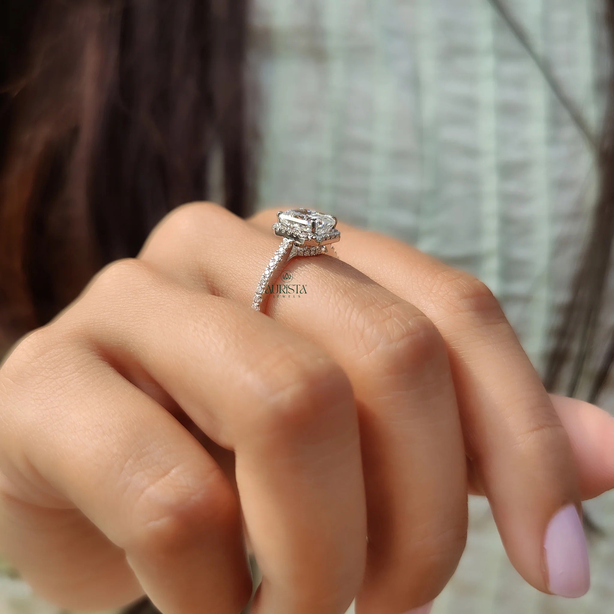 Radiant Cut Moissanite Halo Engagement Ring with Diamond Pave Band