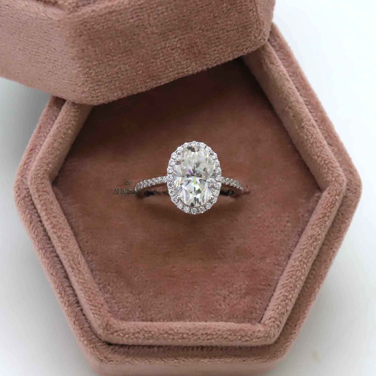 Oval Cut Lab Grown Diamond Halo Engagement Ring, Pavé Wedding Band