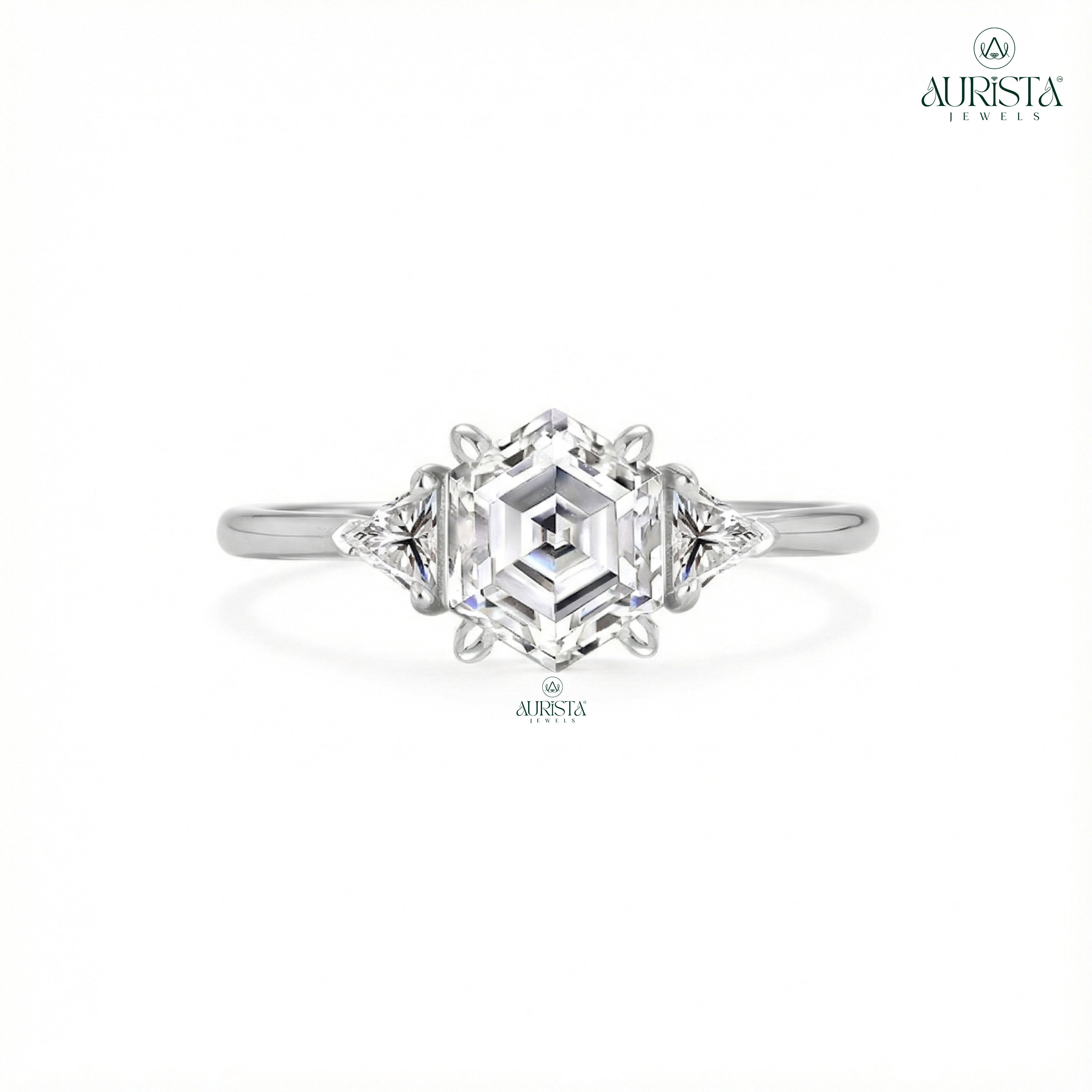 Hexagon Moissanite Diamond Ring, Rose Gold Three Stone Ring With Trillion Side Stones