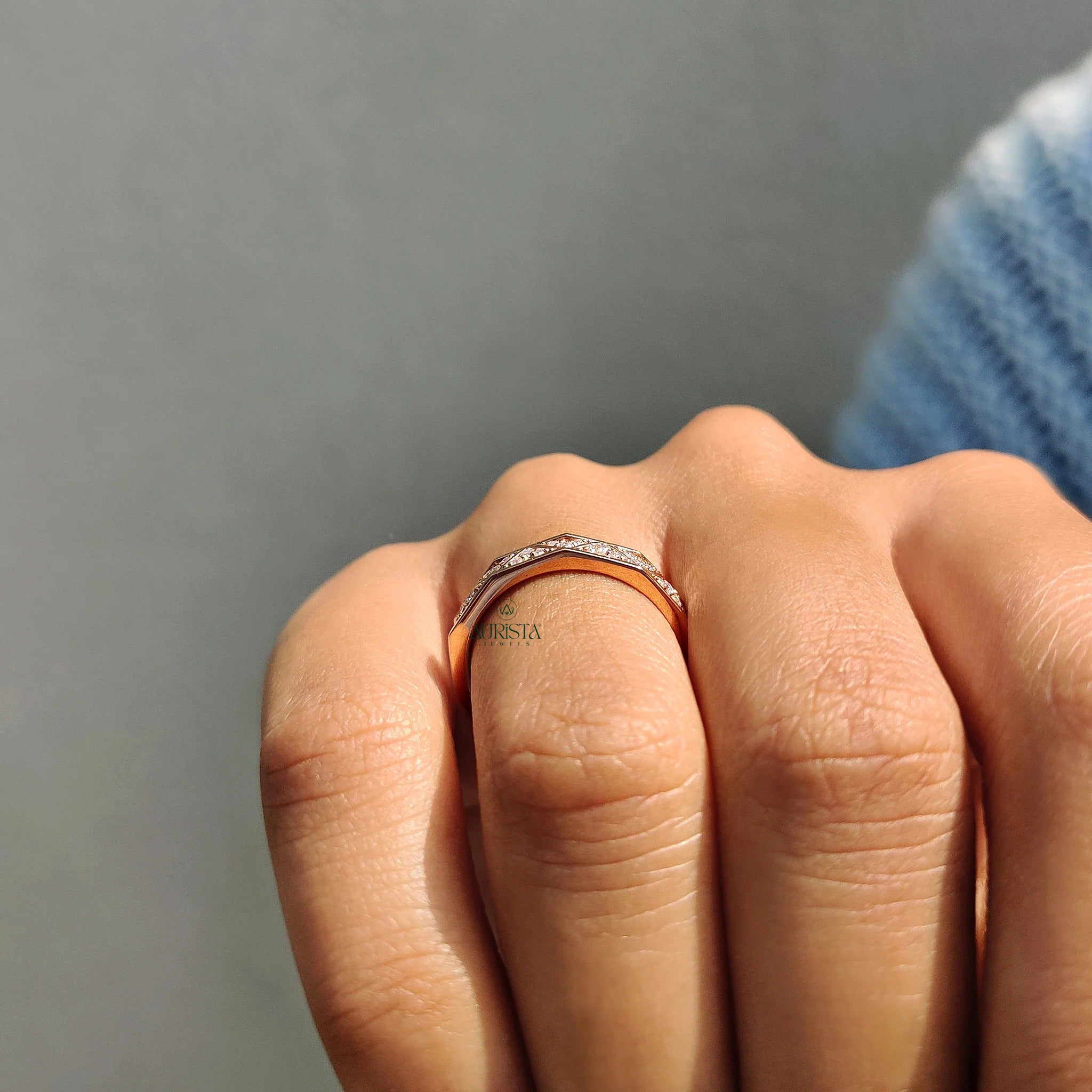 Moissanite Diamond Engraved Rose Gold Band Minimalist Geometric Wedding Ring