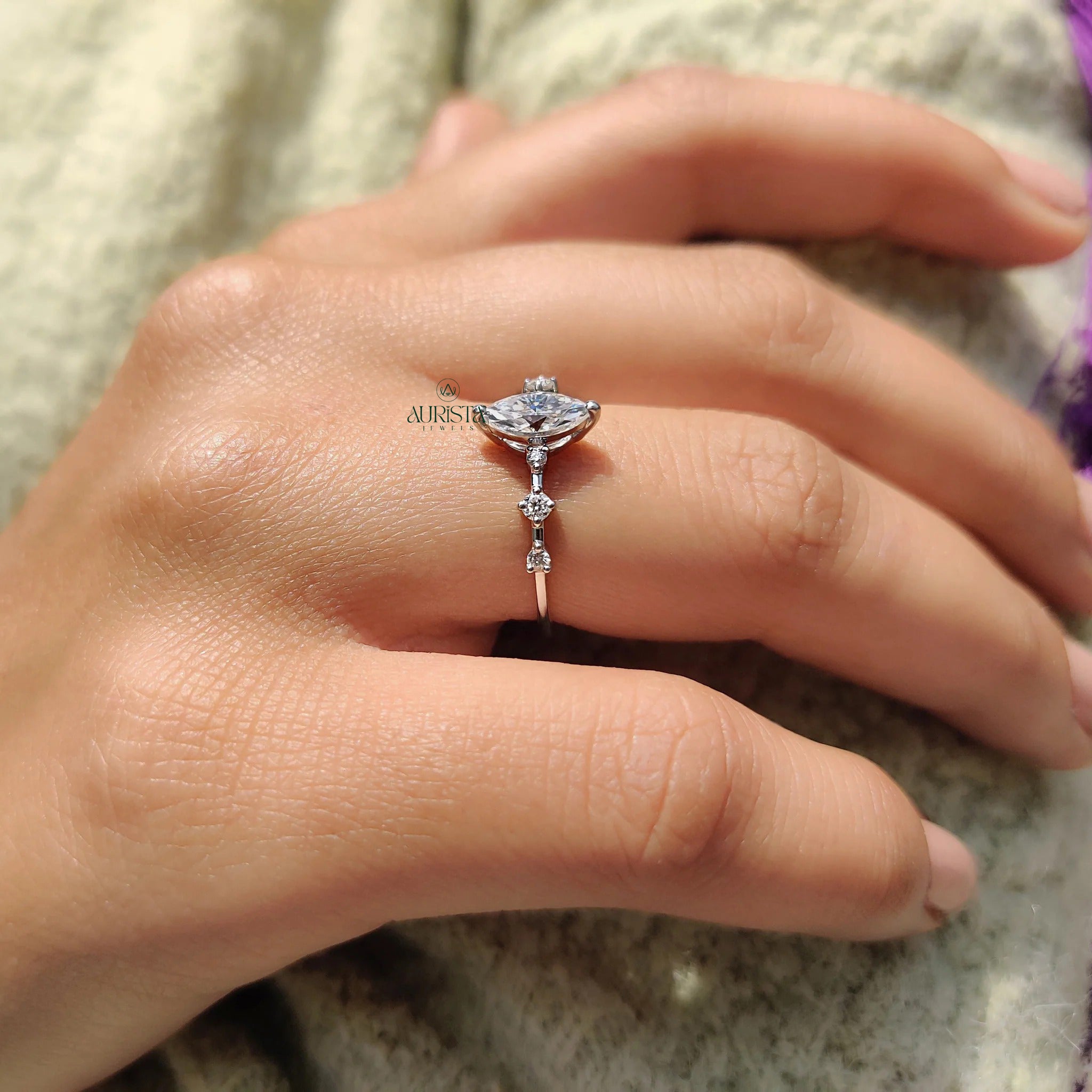Marquise Moissanite Engagement Ring with Diamond Side Stones in White Gold Band