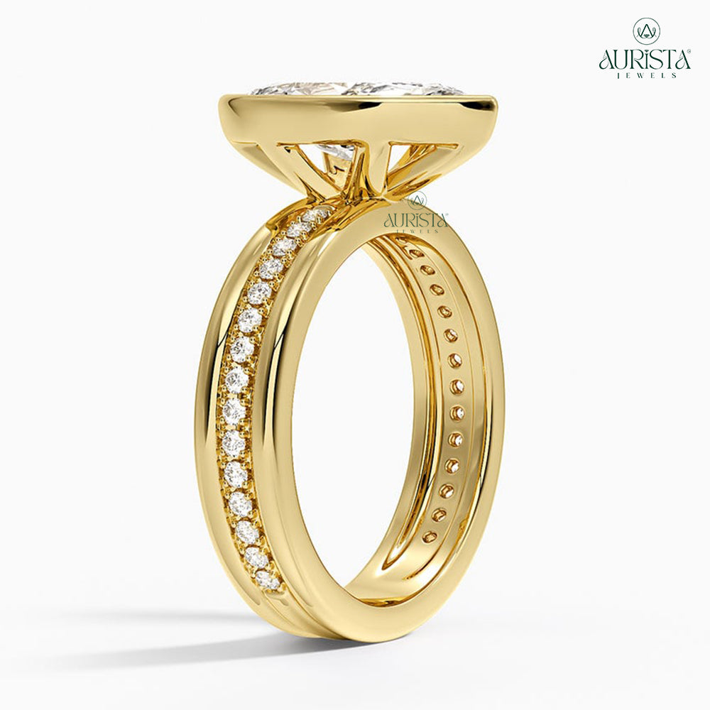 Marquise Lab Moissanite Ring, Bezel Setting Pave Side Stones, Yellow Gold Ring