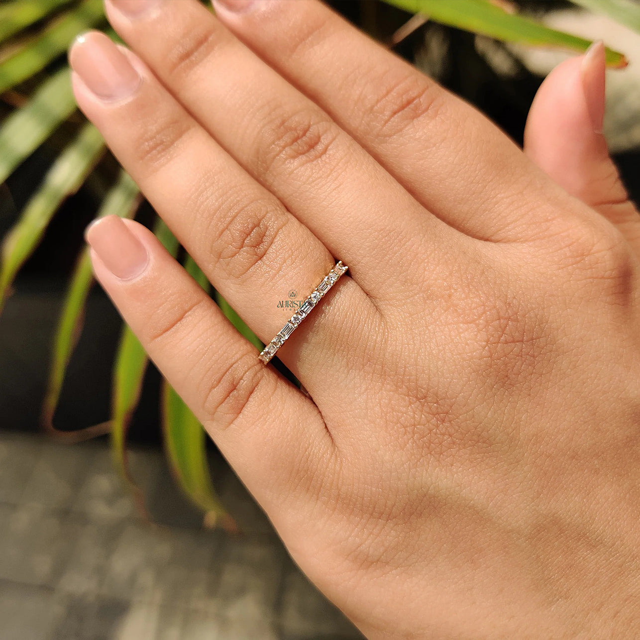 Baguette and Round Moissanite Diamond Alternating Full Eternity Stackable Wedding Band