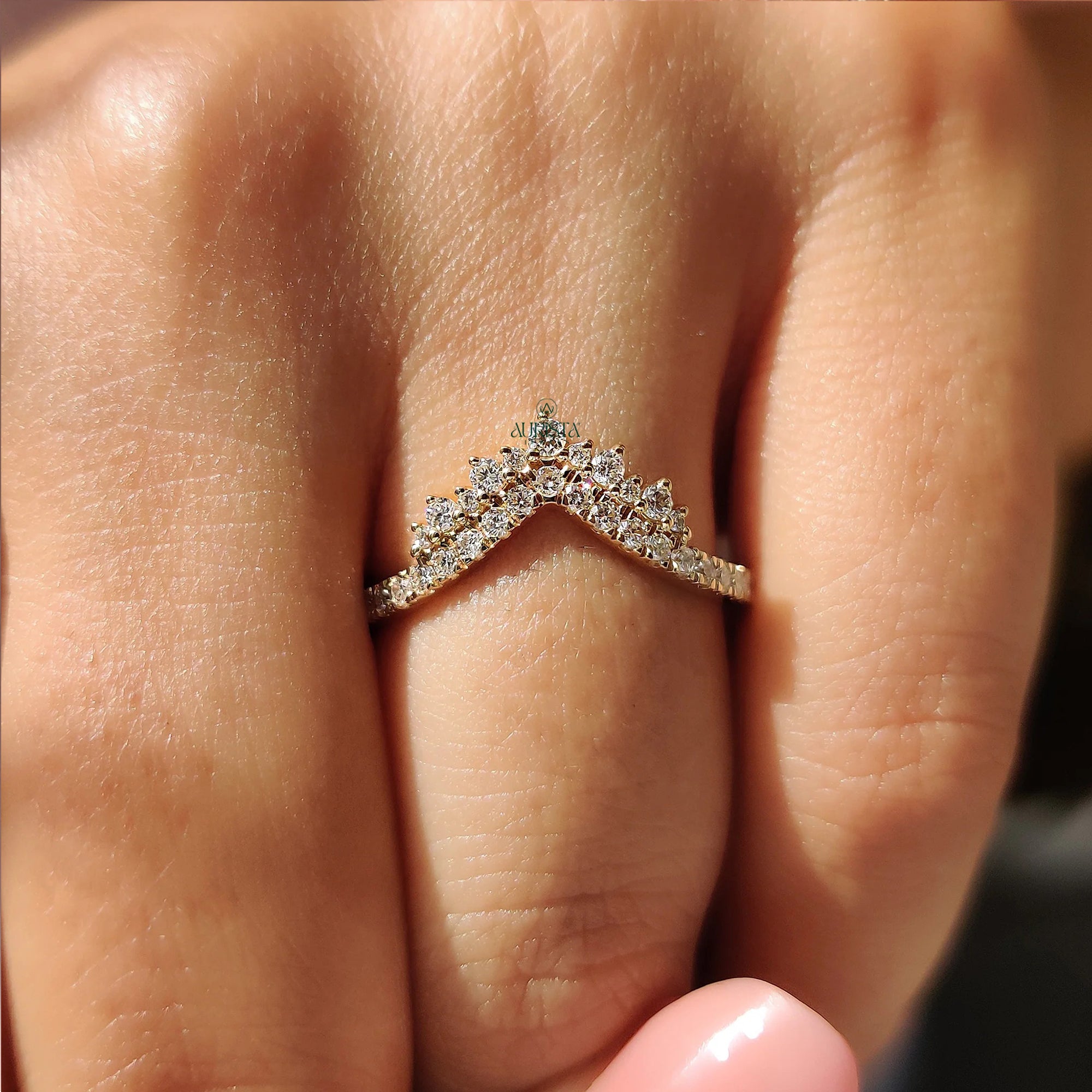 Round Lab Grown Diamond Curved Chevron Ring - Gold Crown Wishbone Stacking Band