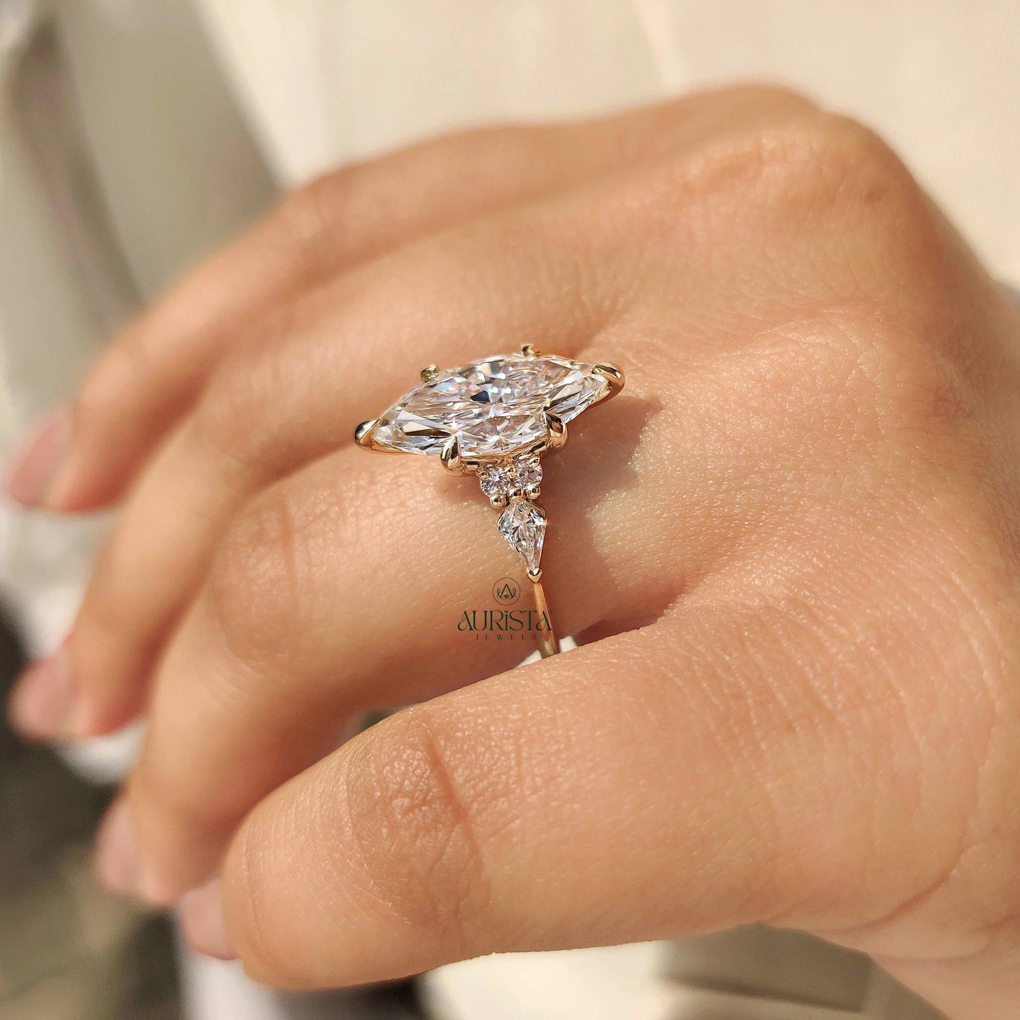 Marquise Cut Diamond Ring with Unique Kite Side Stones