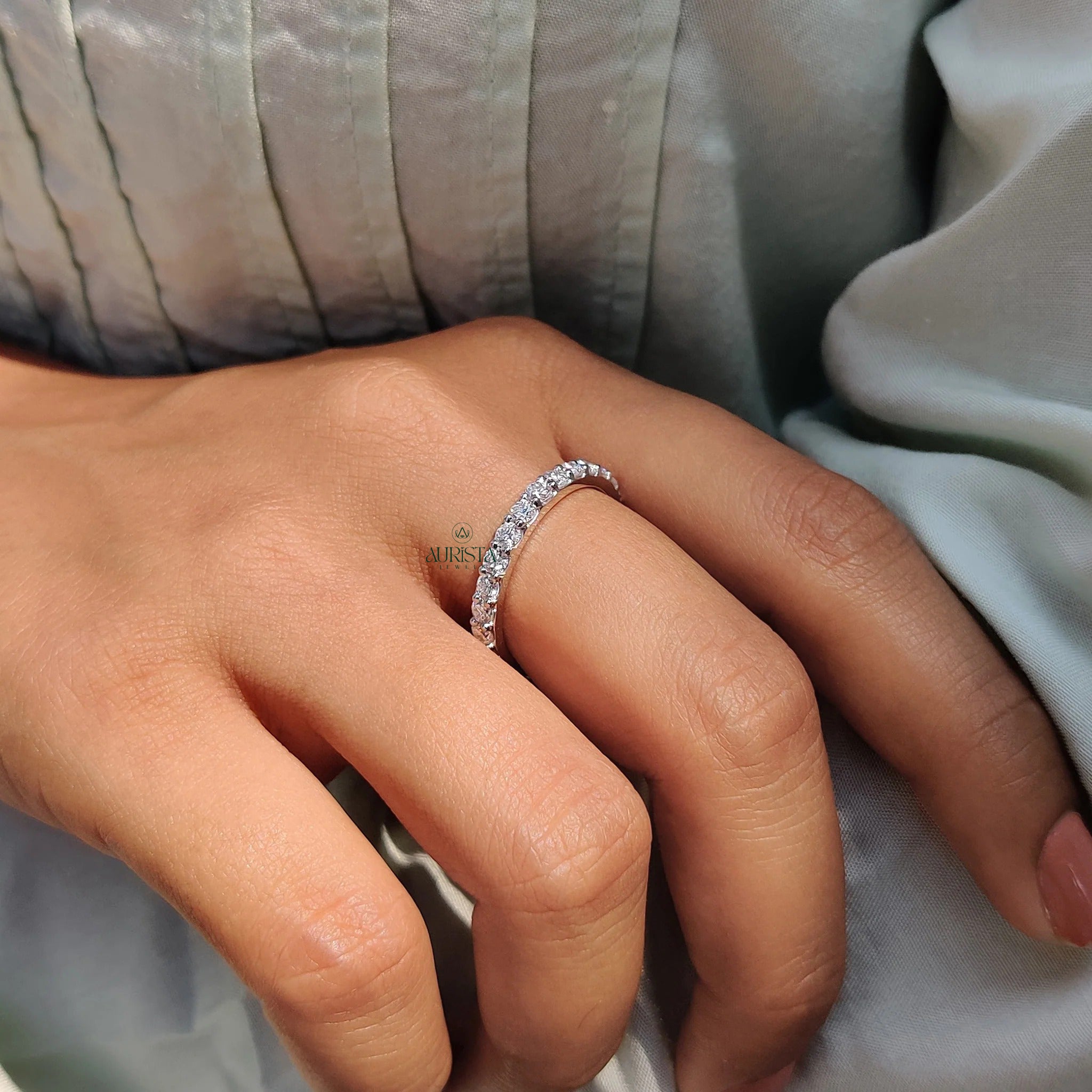 Round Cut Moissanite Diamond Full Eternity Band Minimalist Stackable Wedding Ring