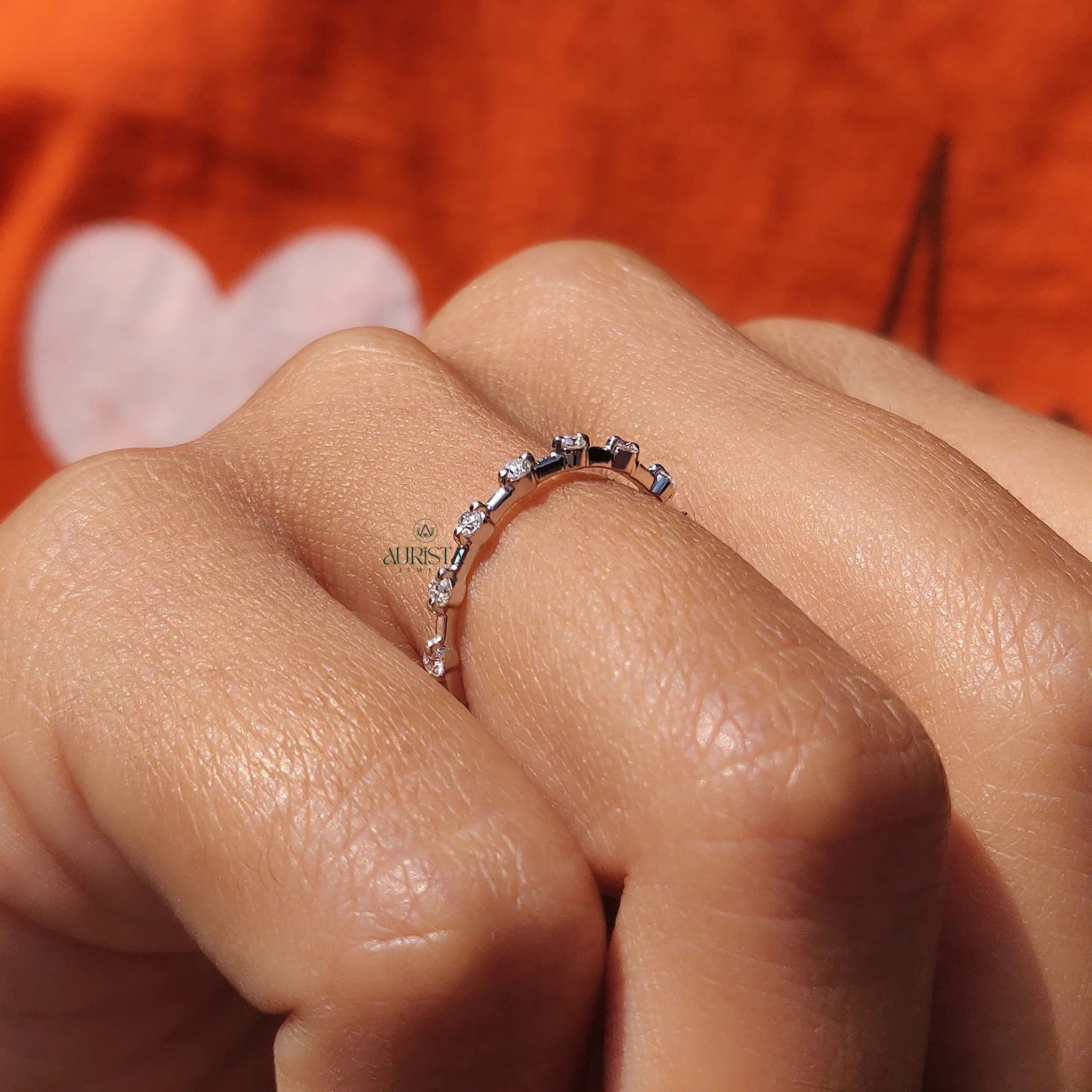 Dainty Moissanite and Diamond Station Band - Minimalist Stackable Wedding Ring