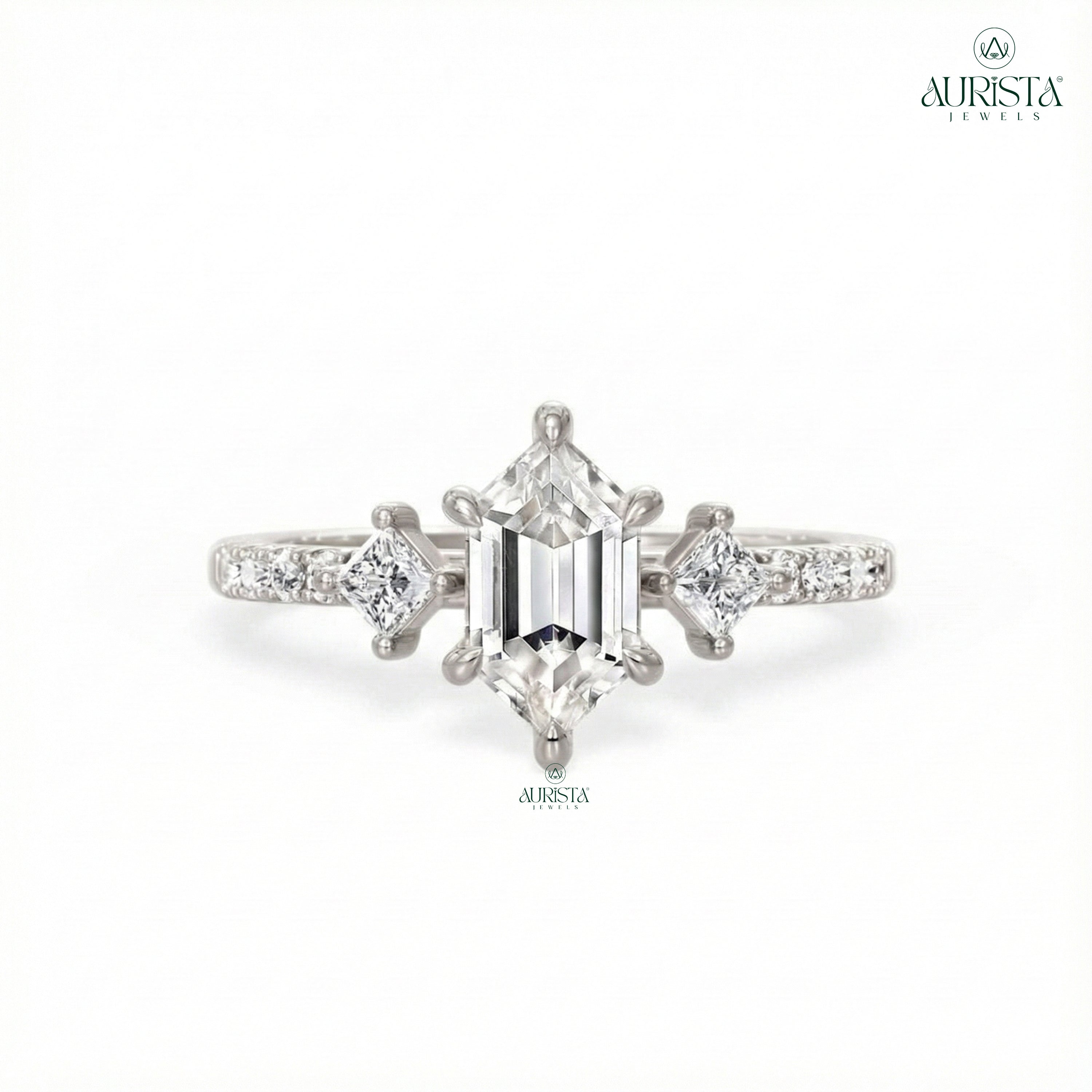 Hexagon Moissanite Diamond Ring, Rose Gold Three Stone Ring With Princess Side Stones