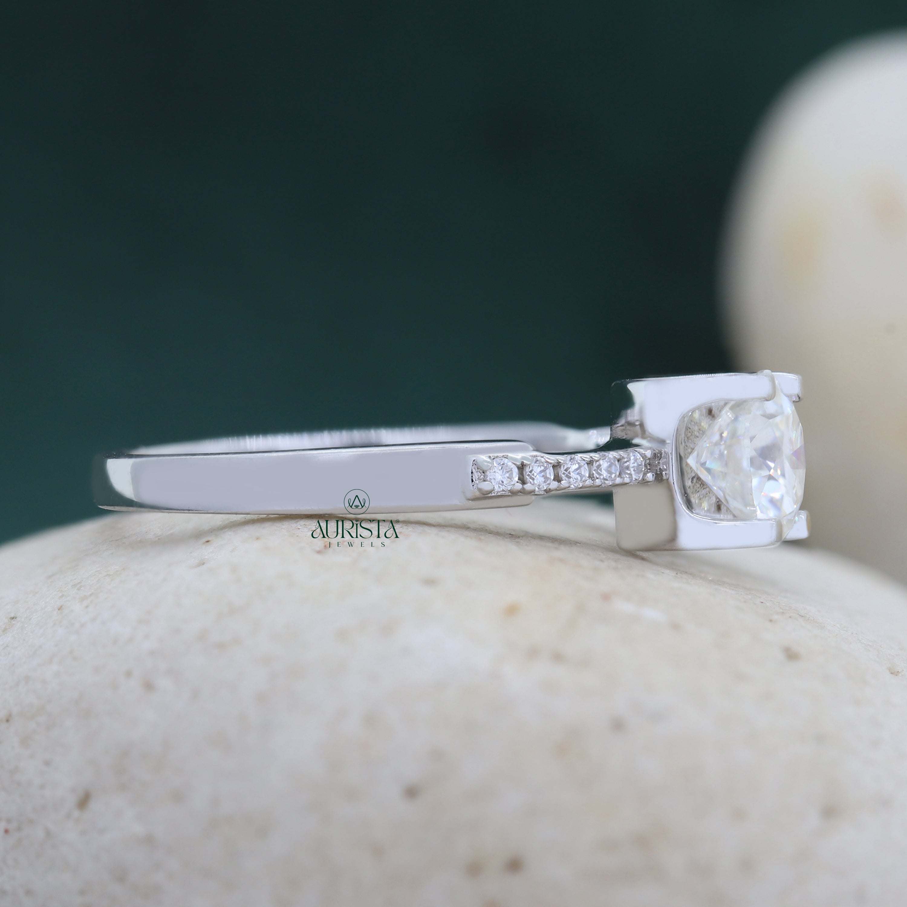 Round Cut Lab Grown Diamond Engagement Ring, Solitaire Ring With Pavé Band