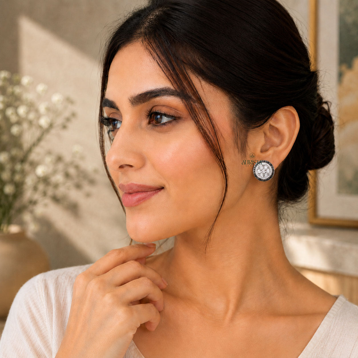 Iced Out Round Cluster Moissanite Hip Hop Stud Earrings with Black Accent Halo