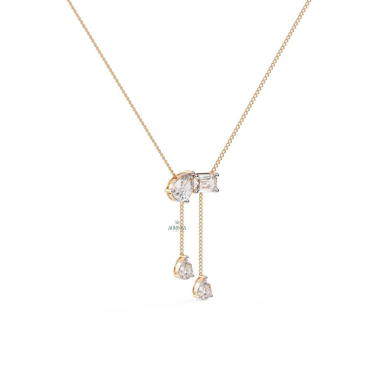 Mixed Cut Lab Grown Diamond Lariat Necklace Pear and Emerald Cut Dangle Necklace