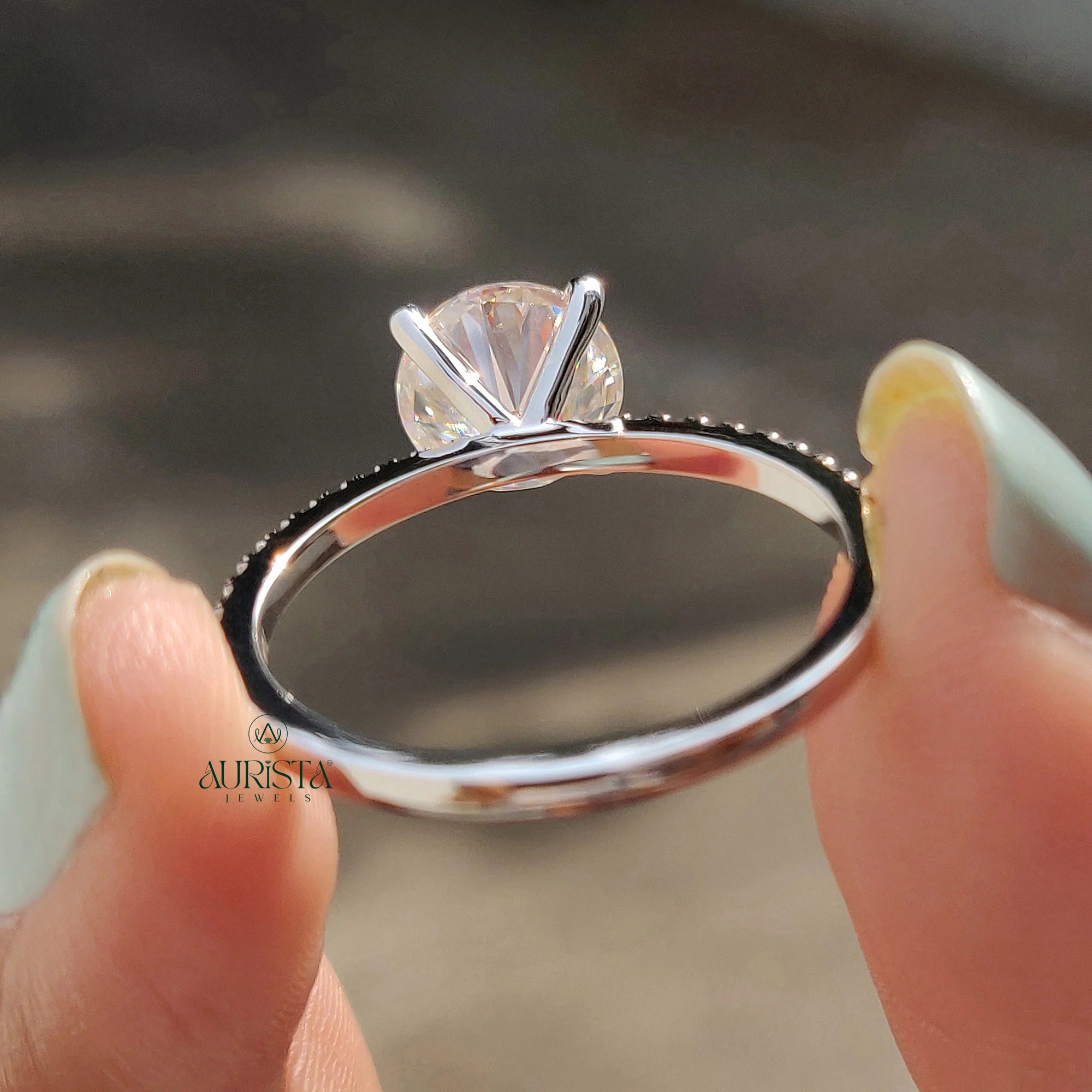 Round Cut Moissanite Engagement Ring with Diamond Pave Band in White Gold
