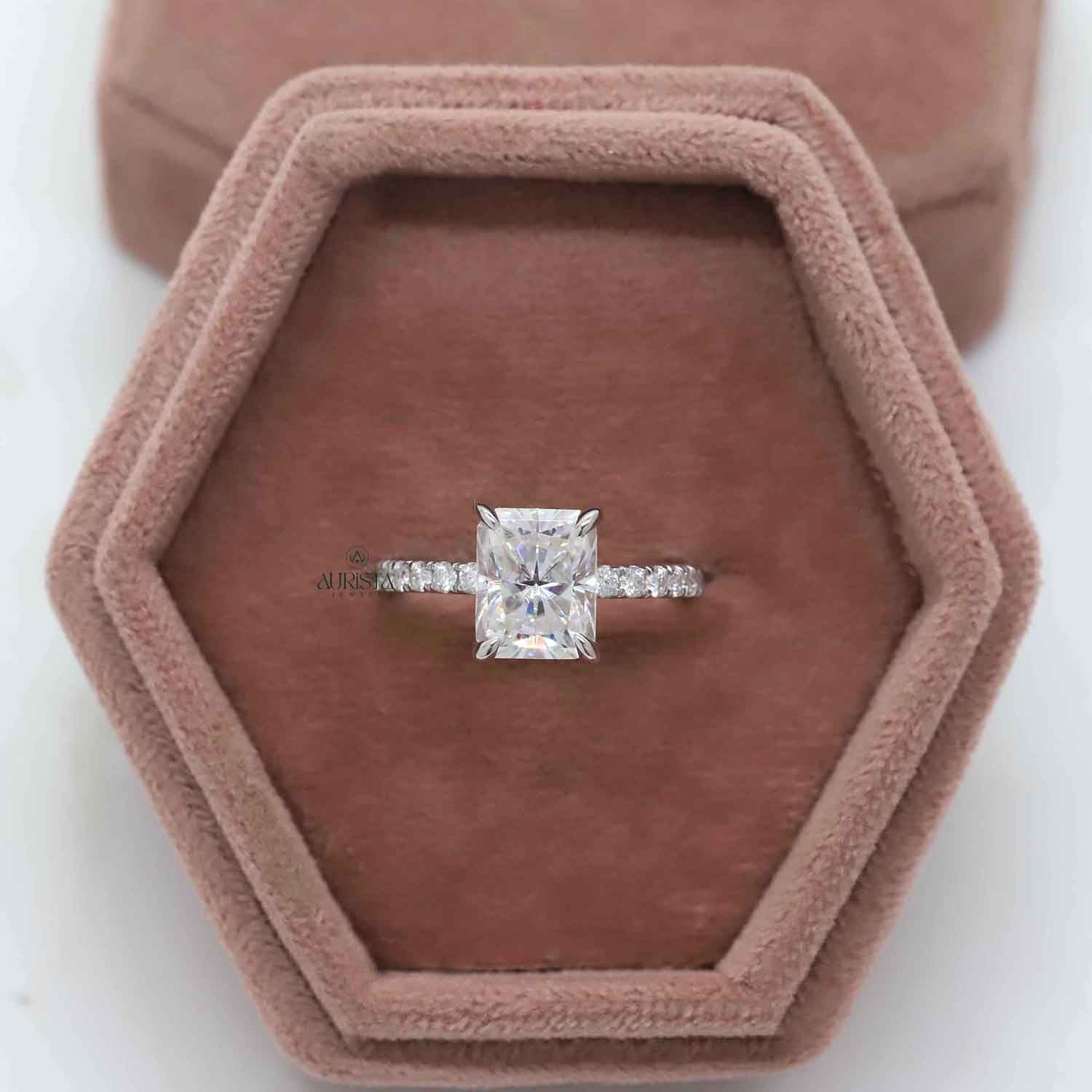 Emerald Cut Lab Grown Diamond Engagement Ring, Pavé Wedding Ring