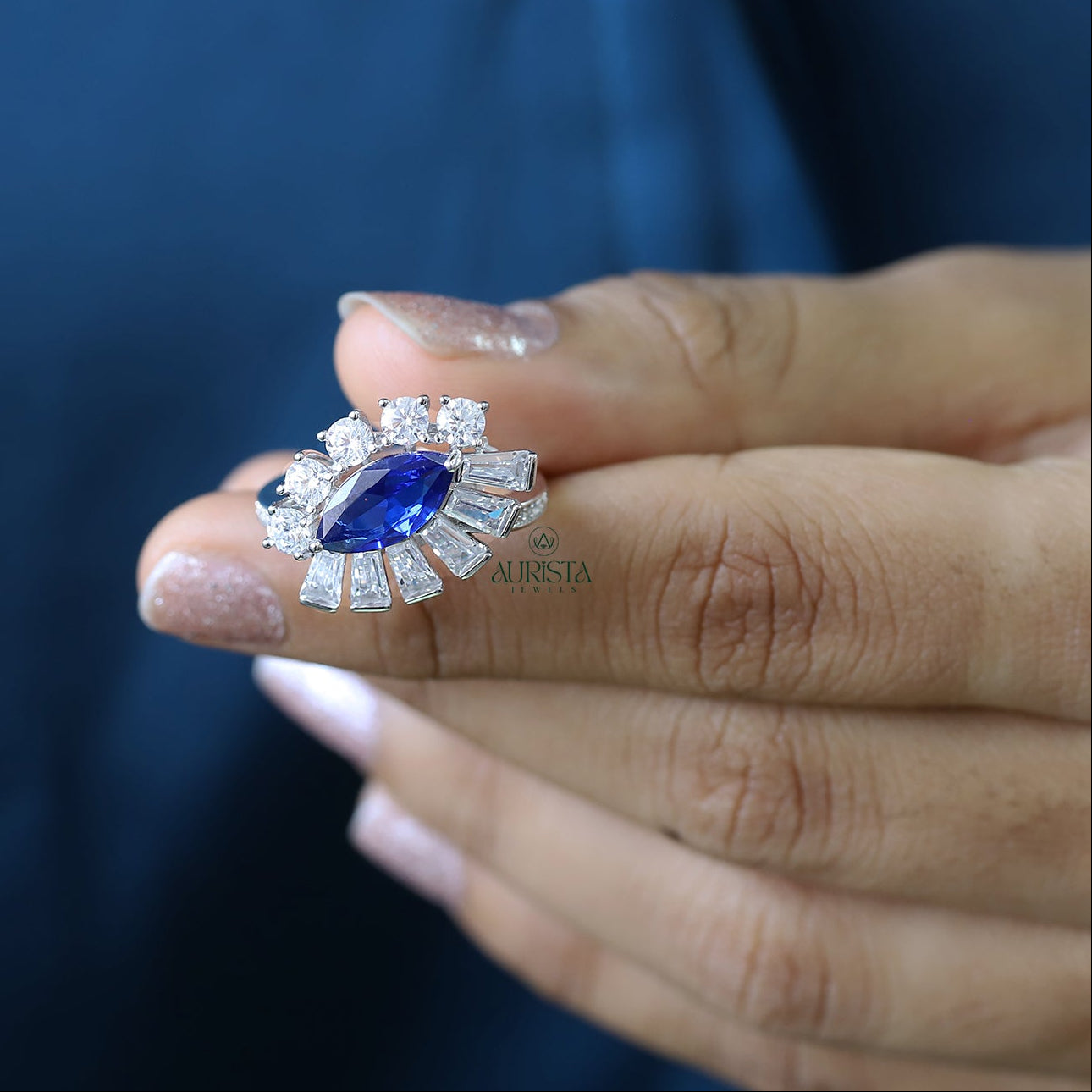 Marquise Blue Sapphire Ring Baguette and Round Moissanite Sunburst Statement Ring