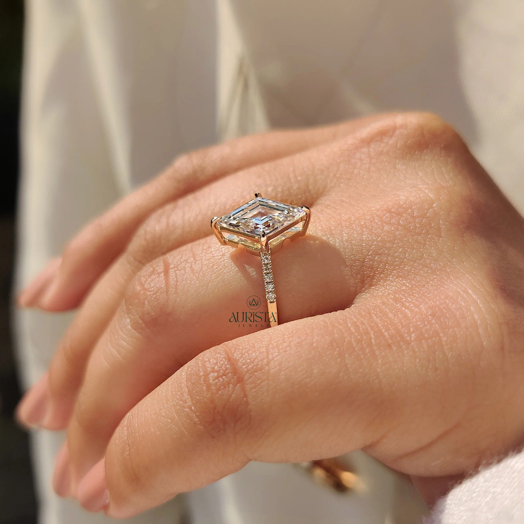 Kite Shaped Step Cut Moissanite Diamond Bridal Ring, Pave Band Stackable Wedding Rings