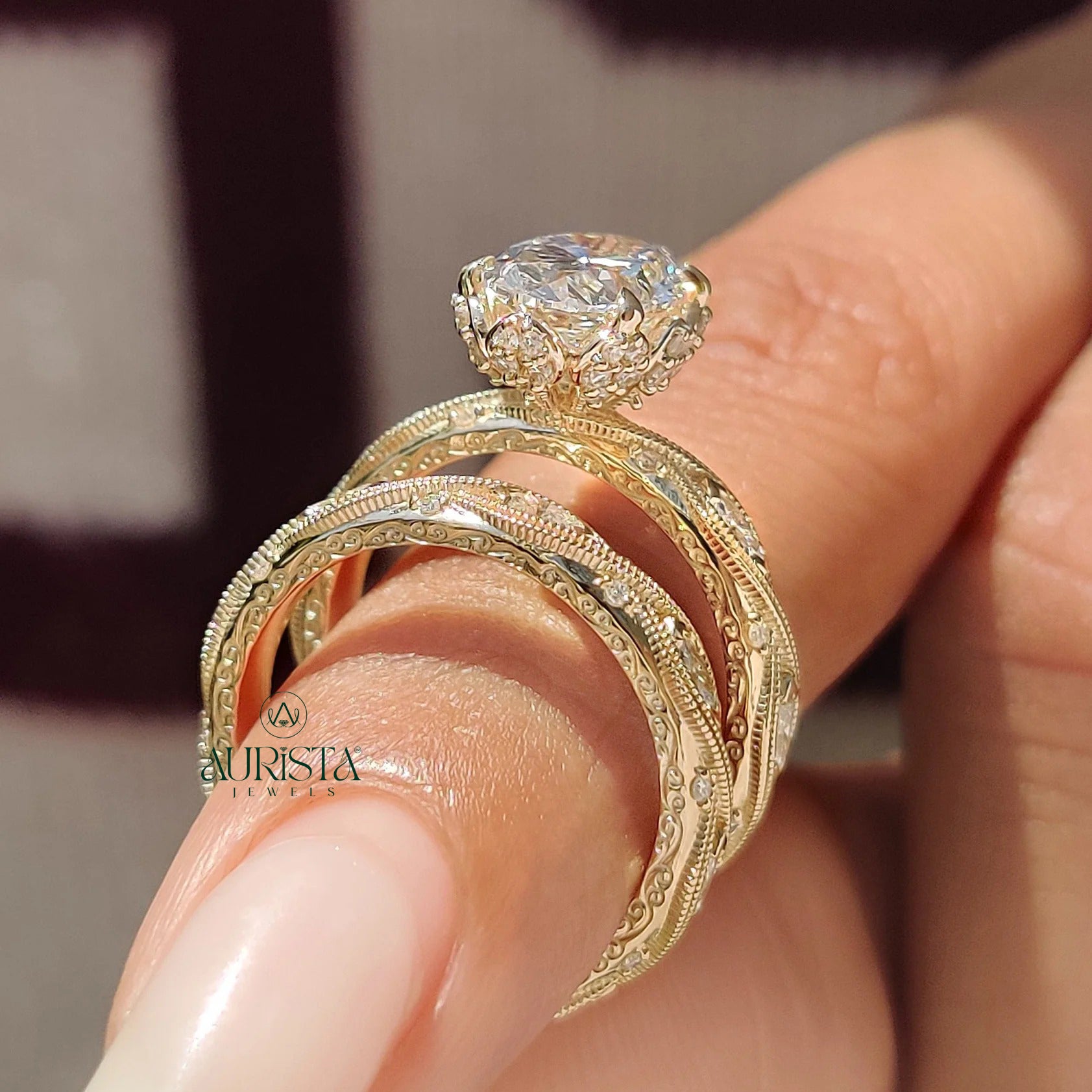 Vintage Oval Diamond Bridal Set - Antique Milgrain Marquise Band Ring