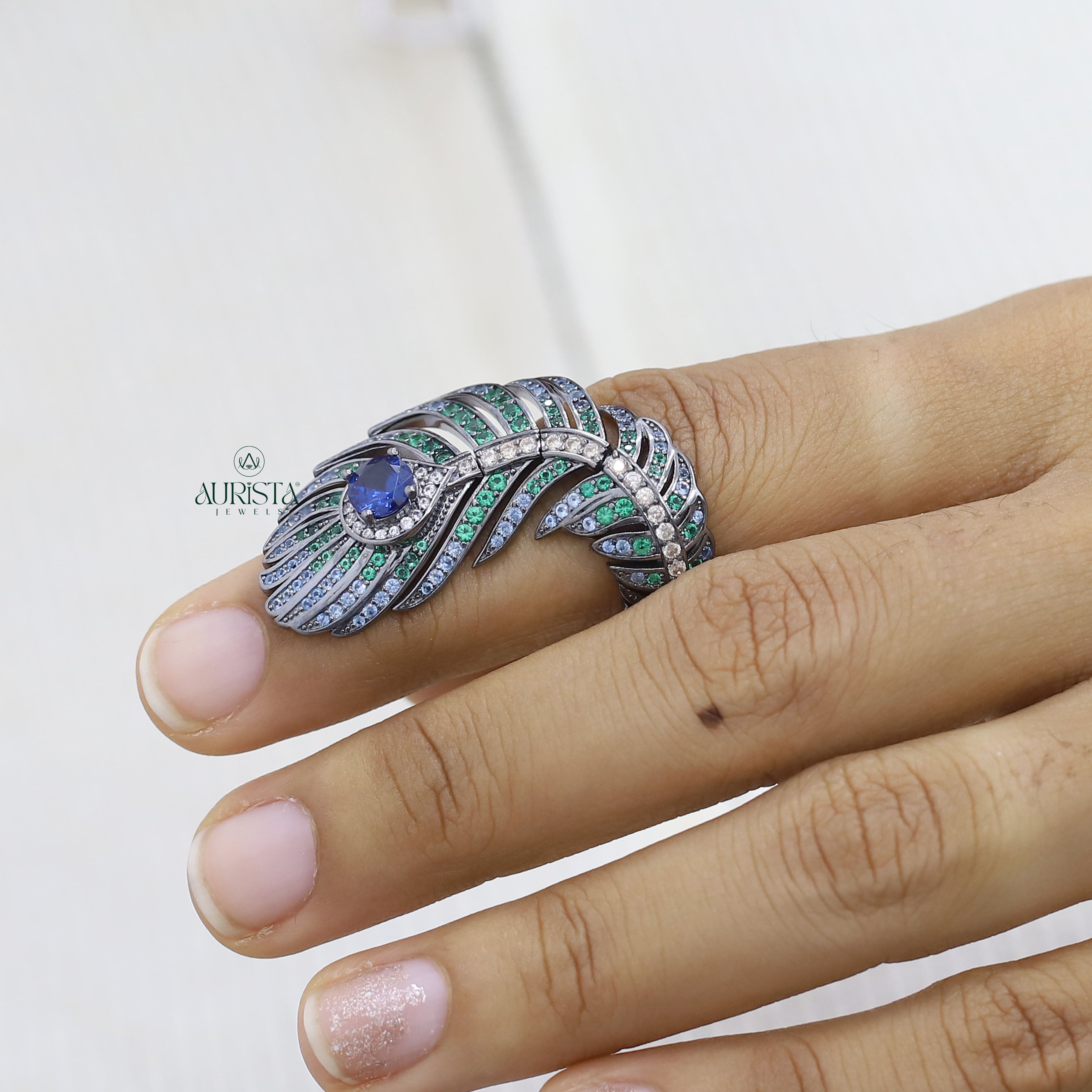 Peacock Feather Moissanite Ring - Blue Sapphire & Round Gemstone Statement Ring