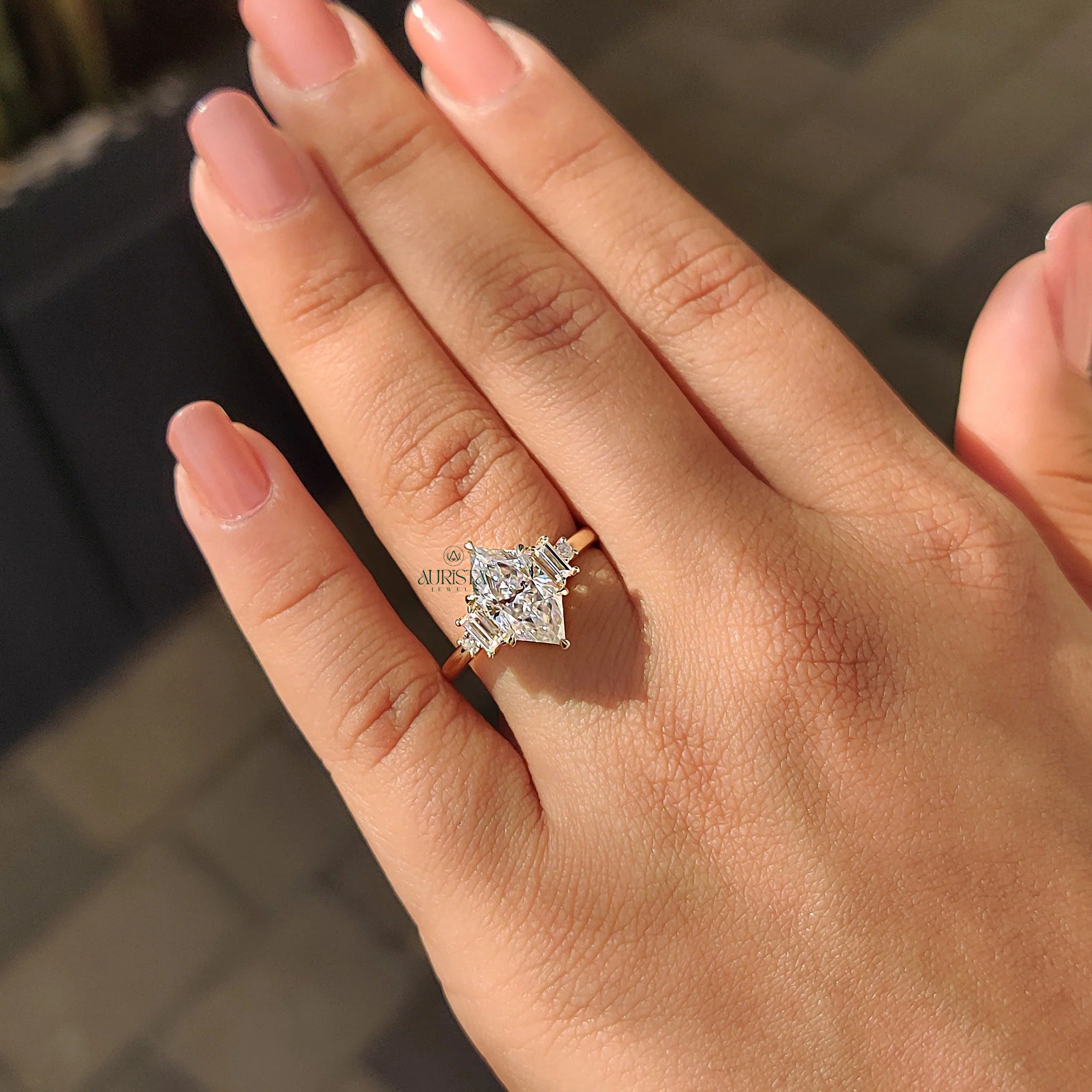 Marquise Moissanite in Diamond Baguette Yellow Gold Art Deco Engagement Ring