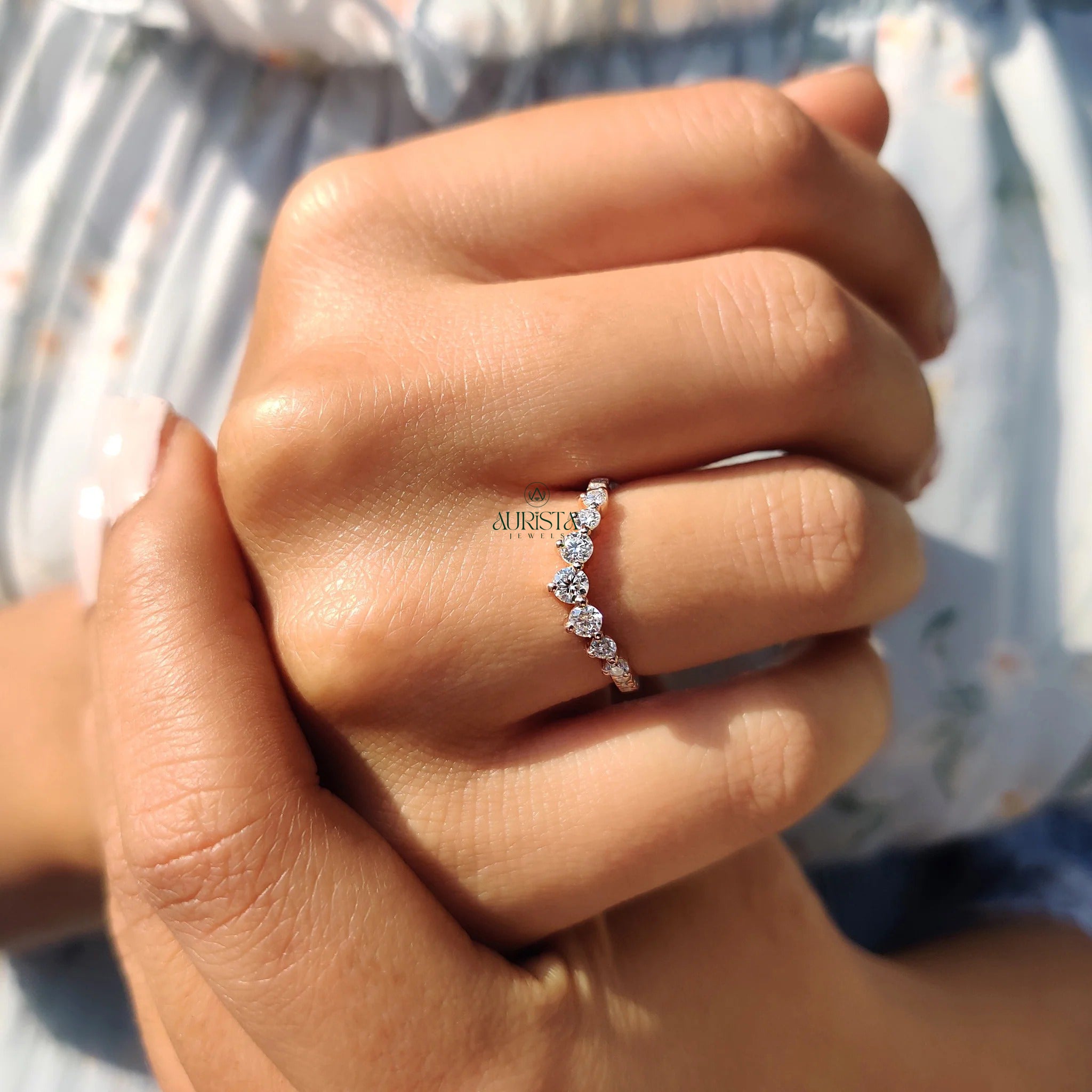 Moissanite Diamond Chevron Stackable Wedding Ring Rose Gold Dainty Curved Band