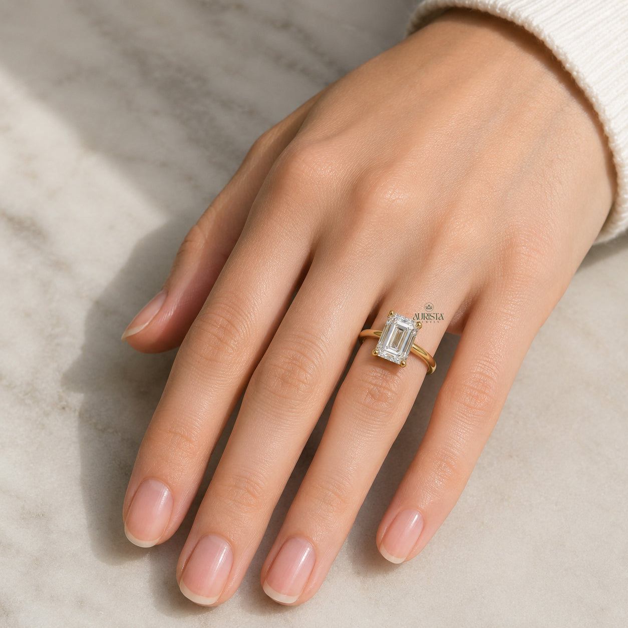 Emerald Cut Lab Grown Diamond Ring, Minimalist Engagement Wedding Ring Solitaire