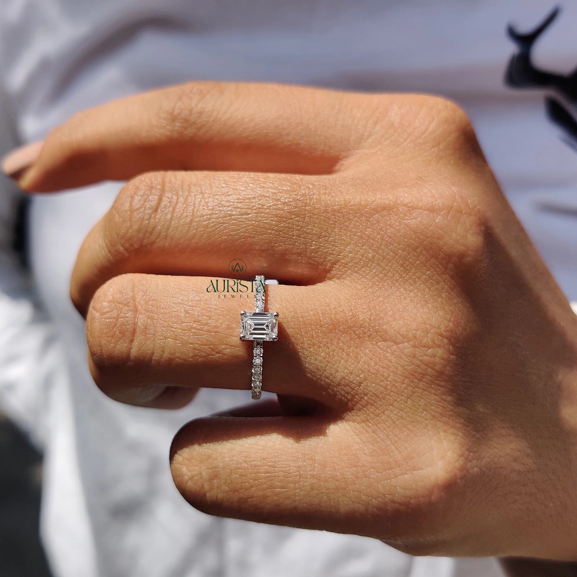 Timeless Emerald Cut Diamond Ring with Micro Pave Band