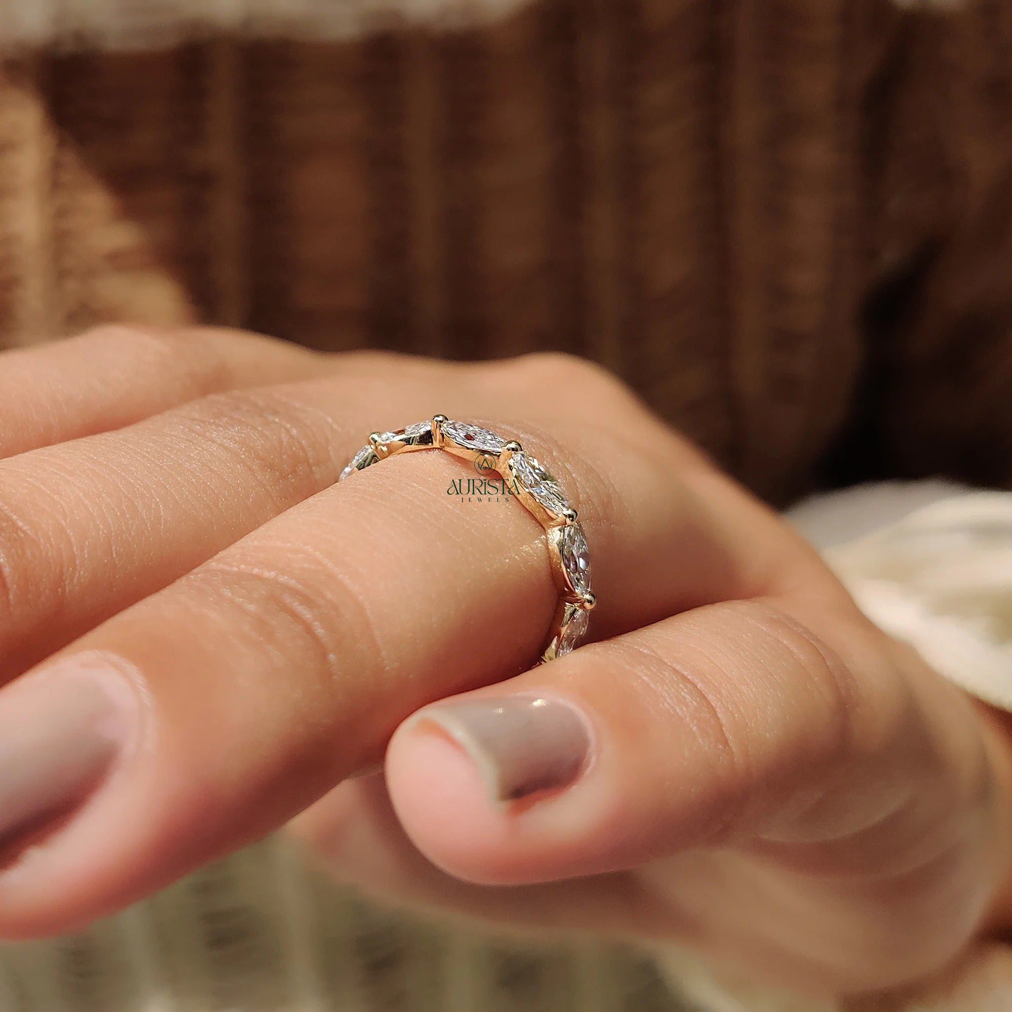 East-West Marquise Moissanite Diamond Full Eternity Wedding Band, Yellow Gold Ring