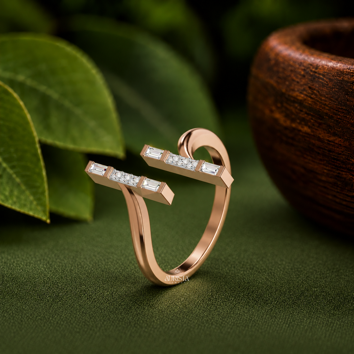 Baguette & Round Bypass Ring Moissanite in Diamond Statement Fine Jewelry