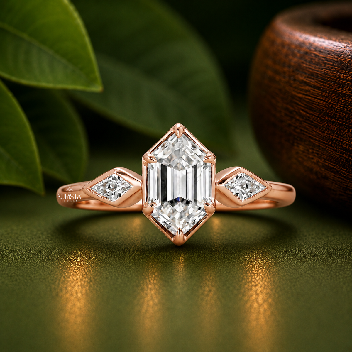 Hexagon Lab Grown Diamond Ring, Rose Gold Three Stone Engagement Ring With Marquise