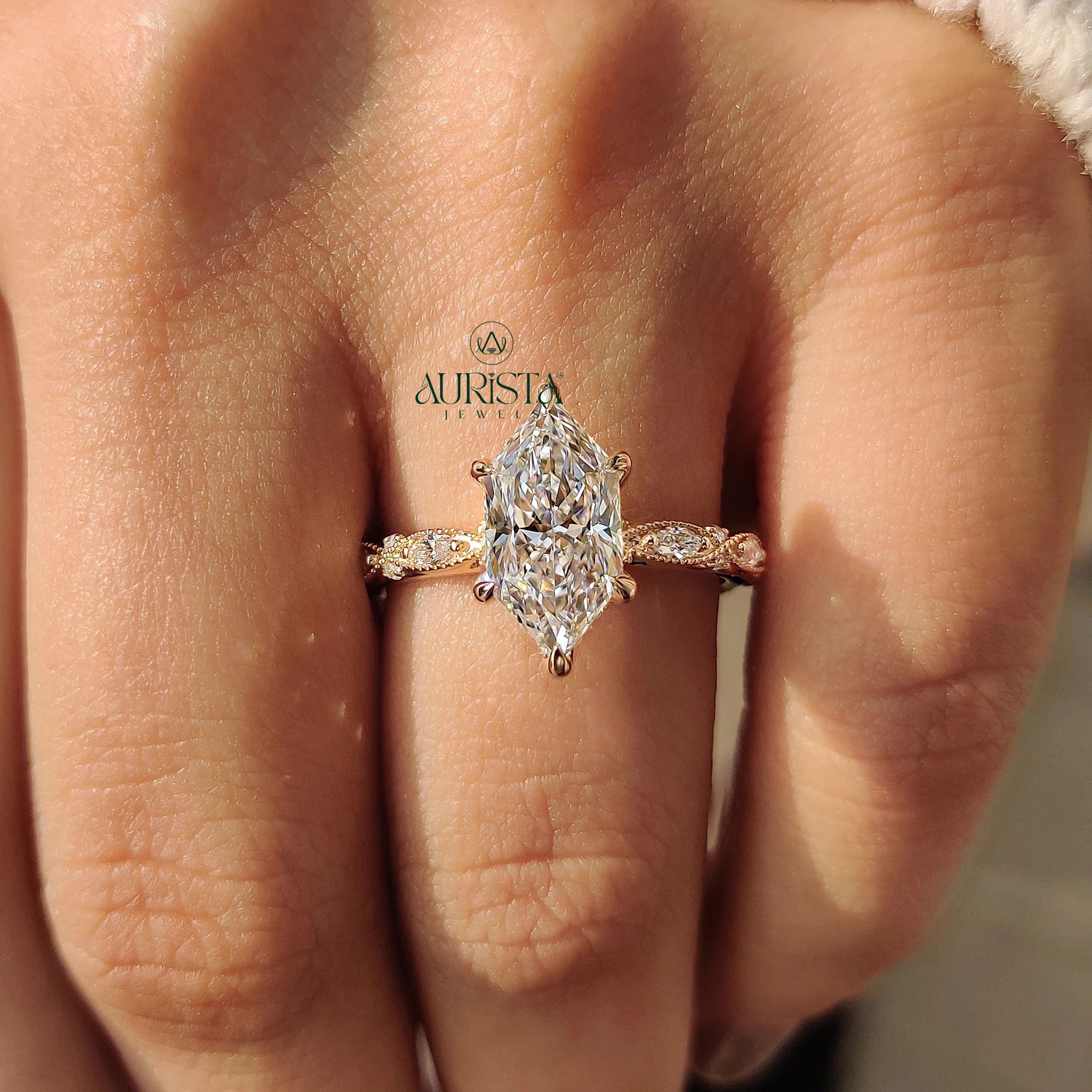 Marquise Cut Diamond Ring with Vintage Twisted Accent Band