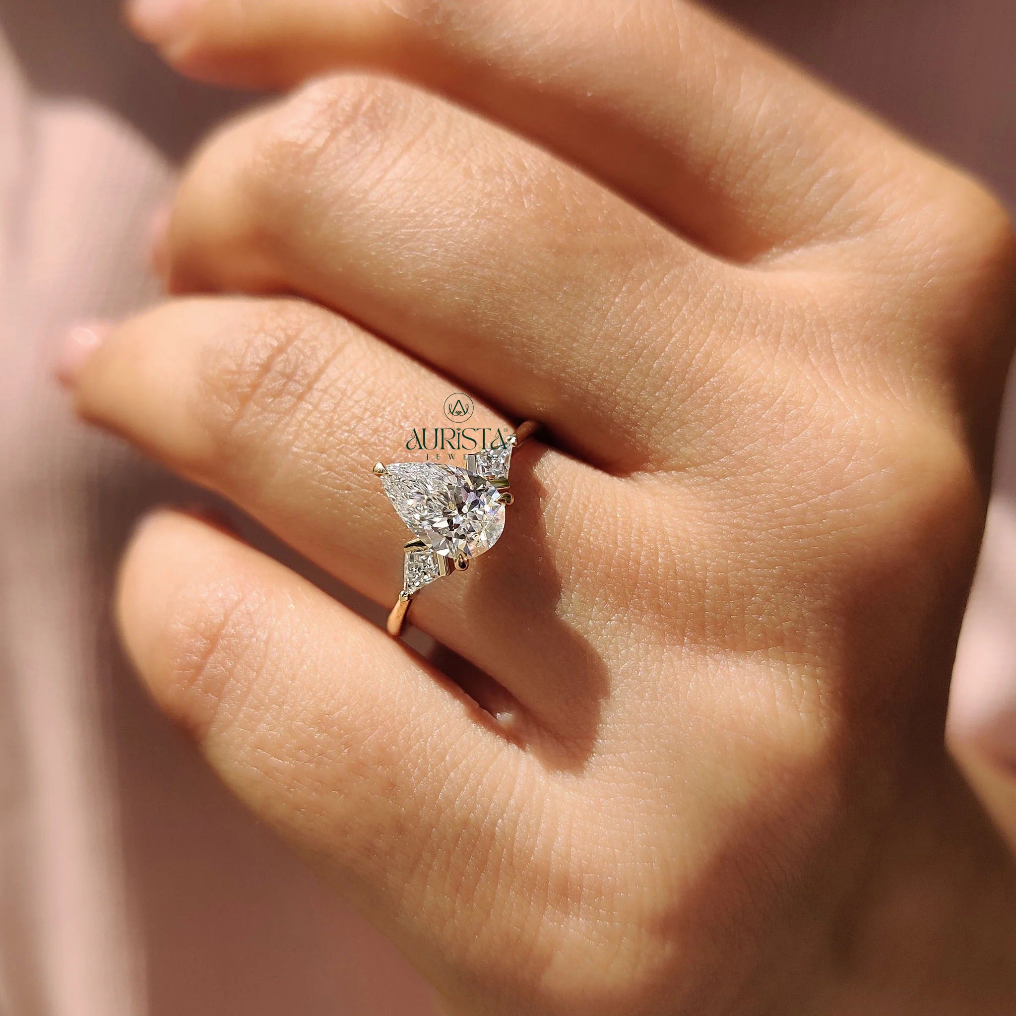 Pear Cut Lab Grown Diamond Three Stone Ring