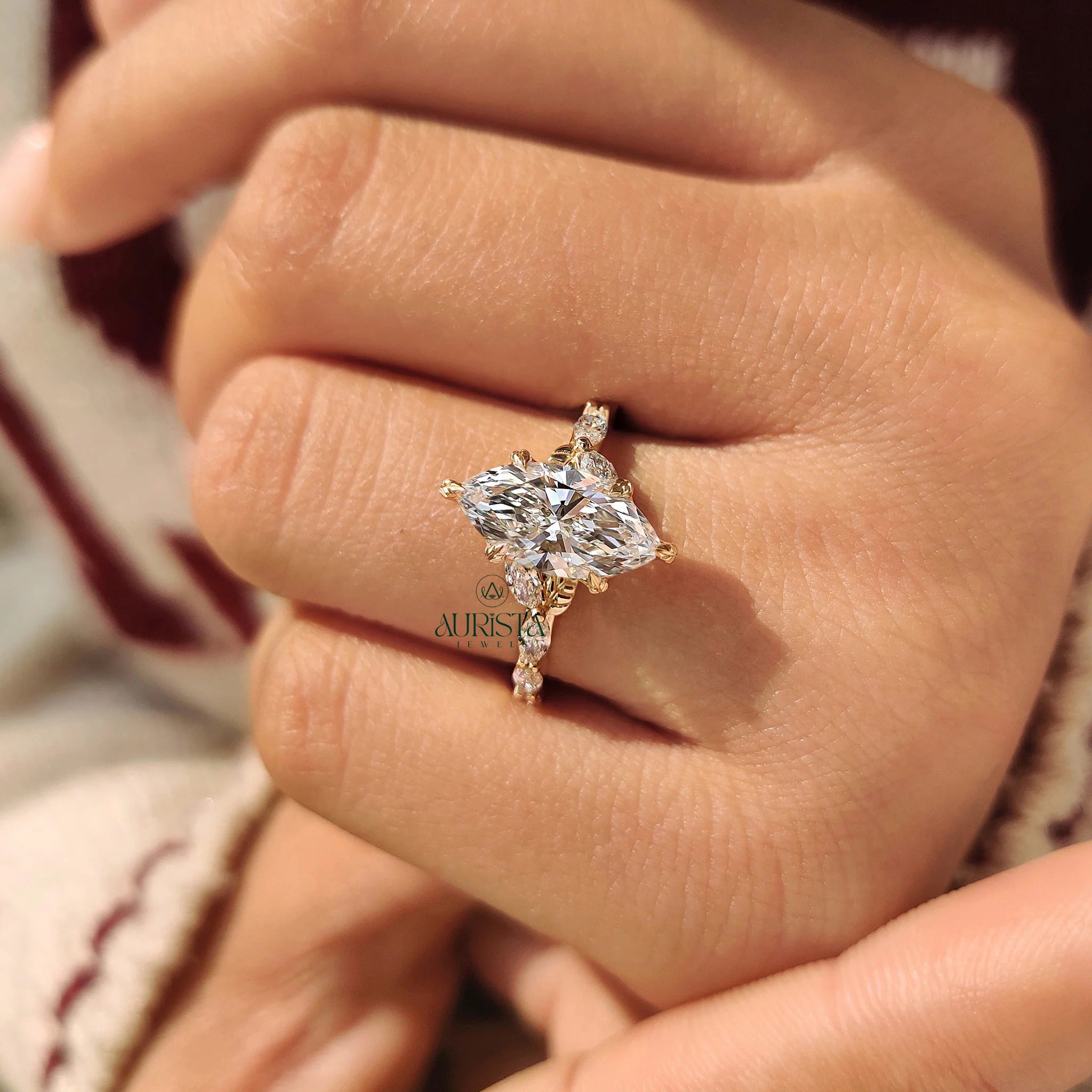 Marquise Cut Lab-Grown Diamond Ring with Pave Diamond Band