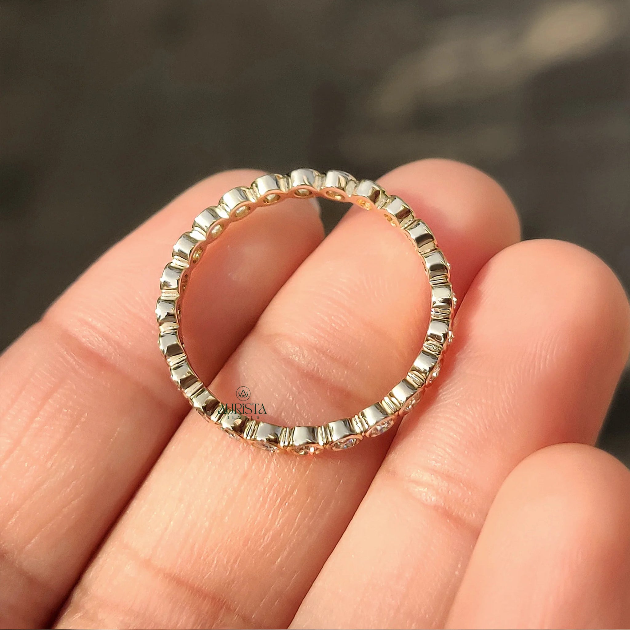 Bezel Set Moissanite Diamond Eternity Band, Round Gold Stackable Wedding Ring for Her