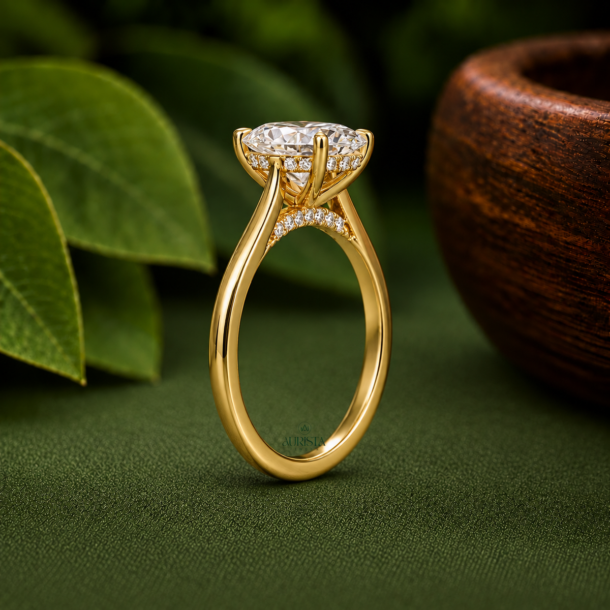 2CT Oval Lab Grown Diamond Engagement Ring, 14k Yellow Gold Hidden Halo Solitaire