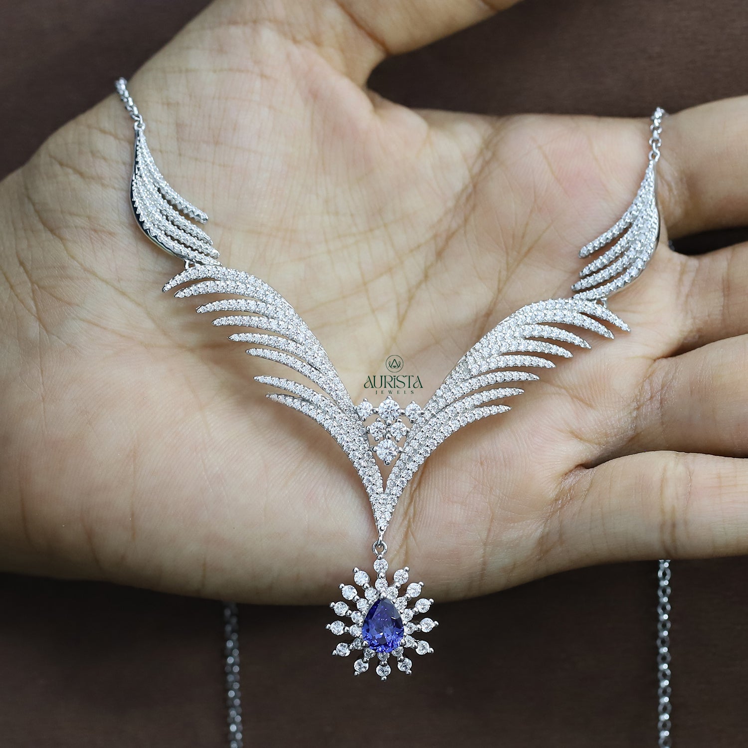 Unique Blue Pear Stone Necklace Wing Style Moissanite Statement Fine Jewelry