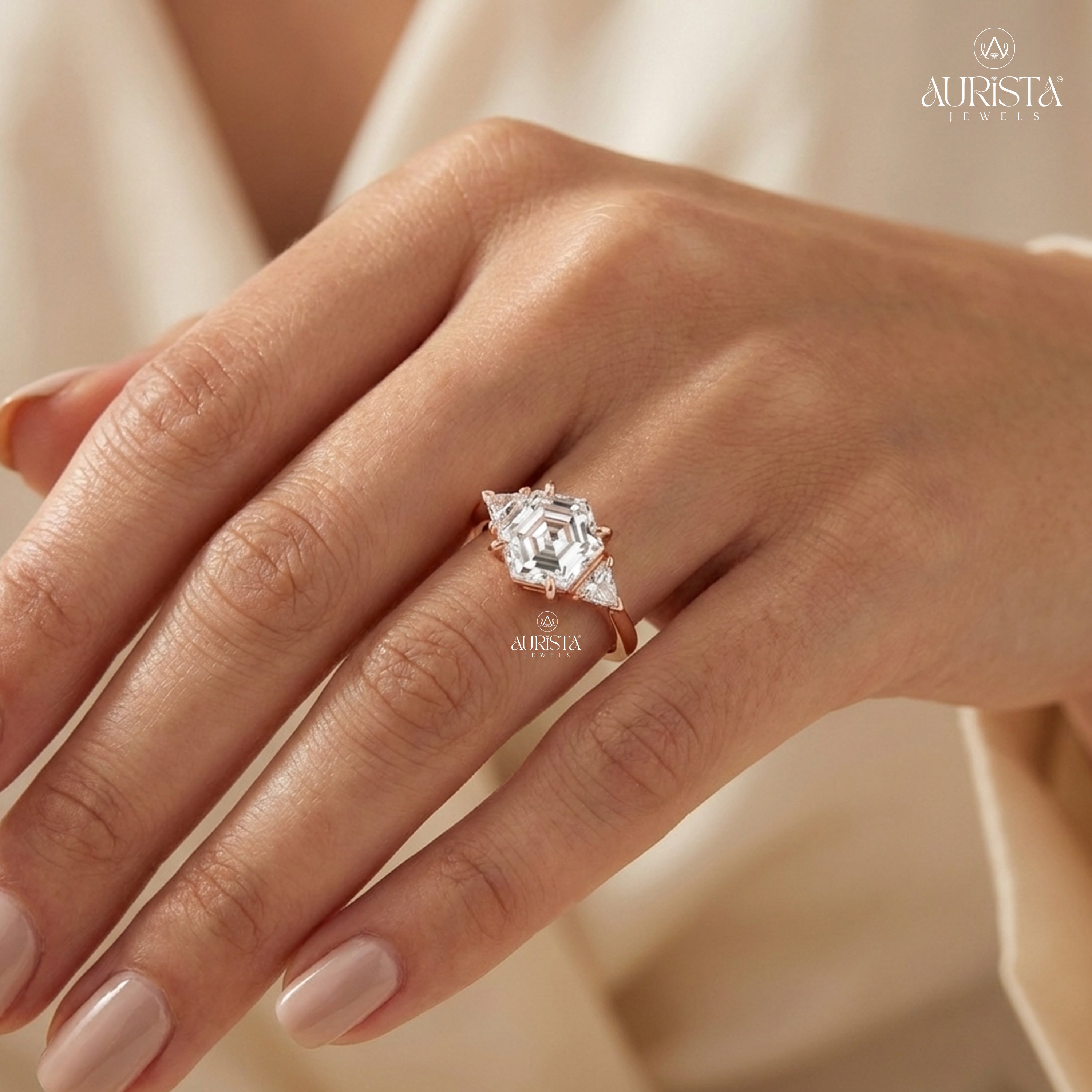 Hexagon Moissanite Diamond Ring, Rose Gold Three Stone Ring With Trillion Side Stones