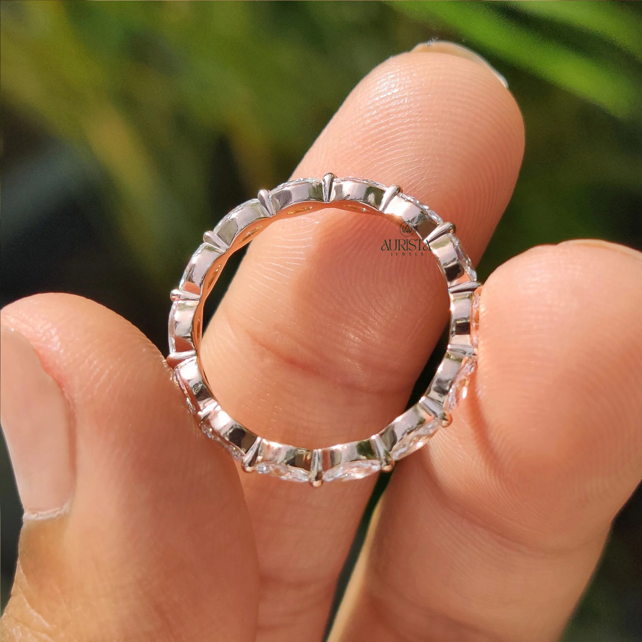 Horizontal Marquise Moissanite Diamond Full Eternity Wedding Band Yellow Gold Ring