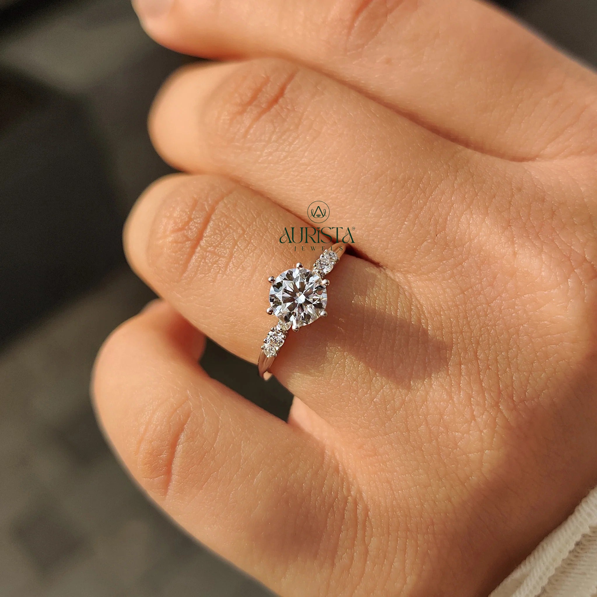 Round Brilliant Cut Diamond Ring with 6-Prong Accent Band