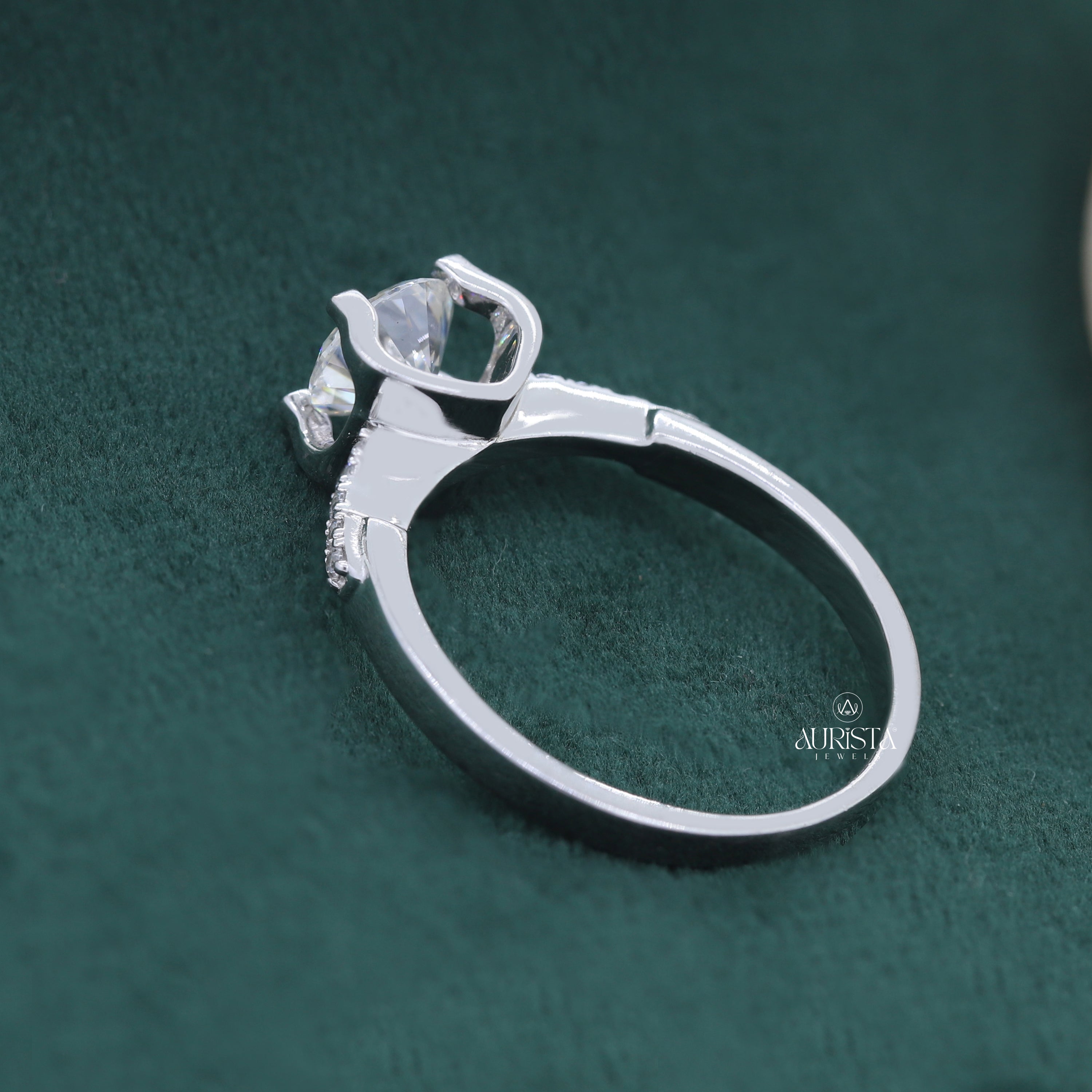 Round Cut Lab Grown Diamond Engagement Ring, Solitaire Ring With Pavé Band