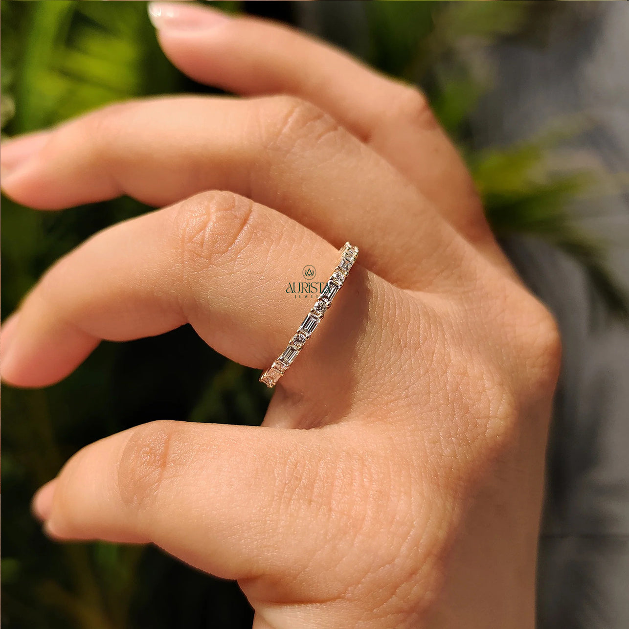 Baguette and Round Moissanite Diamond Alternating Full Eternity Stackable Wedding Band