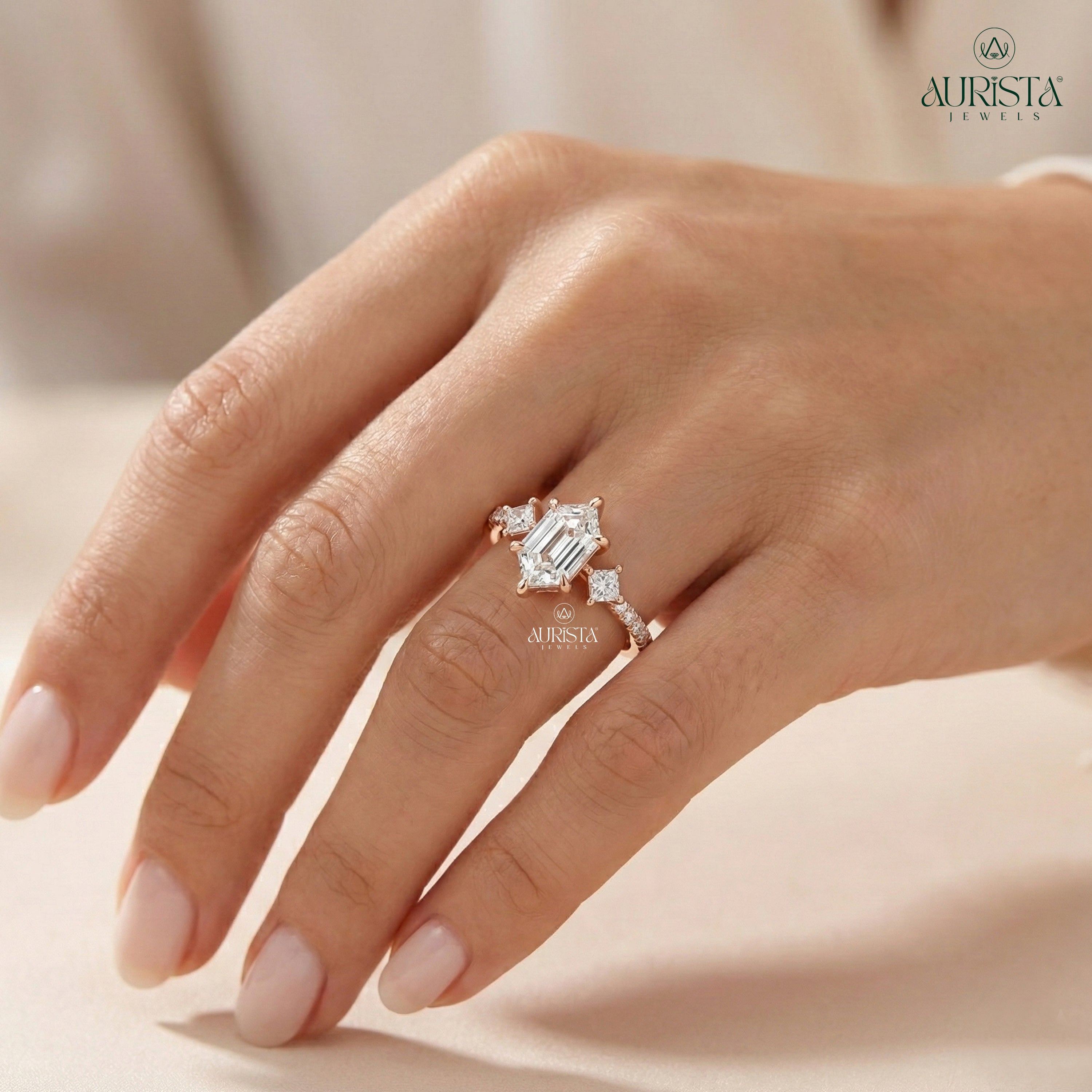 Hexagon Moissanite Diamond Ring, Rose Gold Three Stone Ring With Princess Side Stones