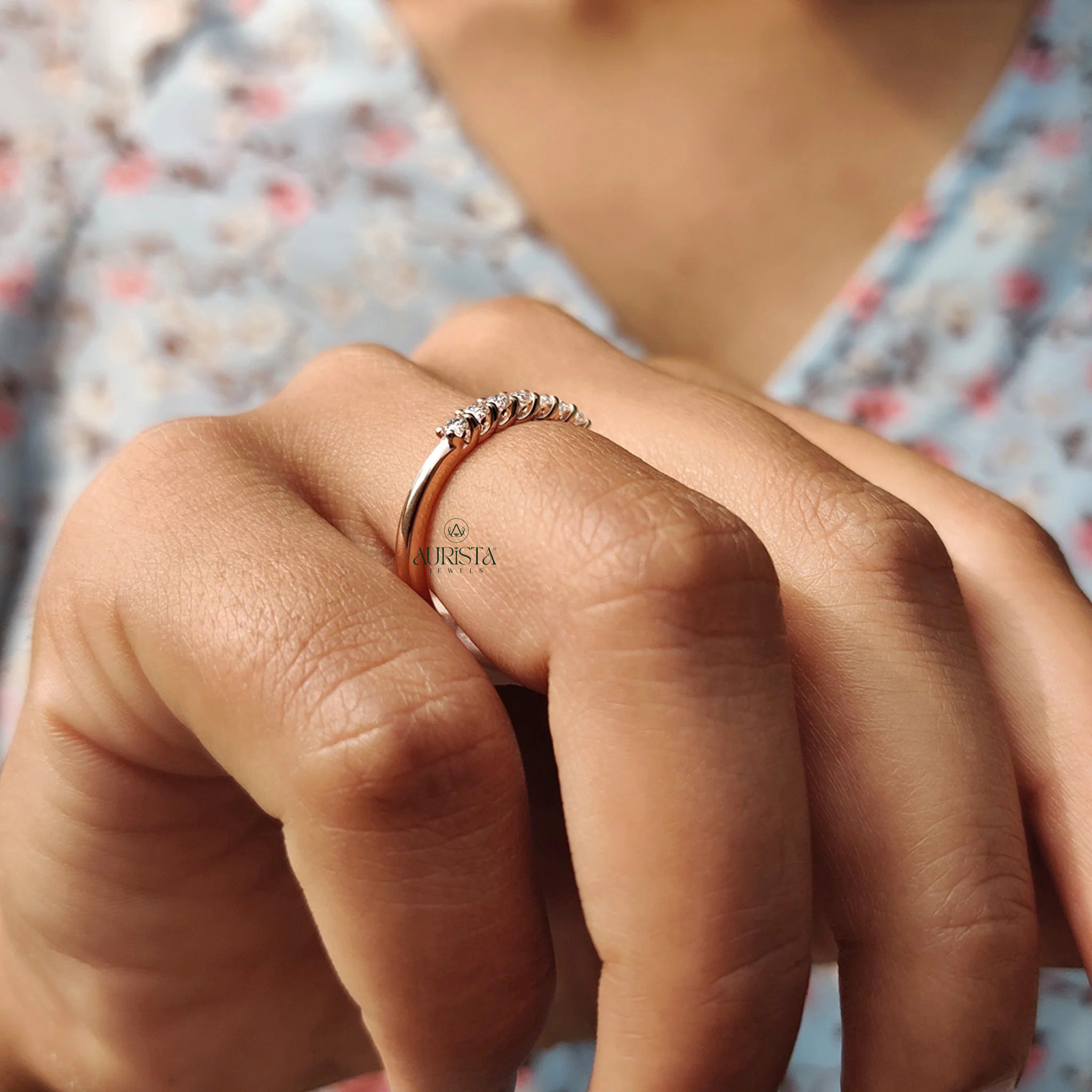 Dainty Moissanite Diamond Station Band Rose Gold Minimalist Stackable Wedding Ring