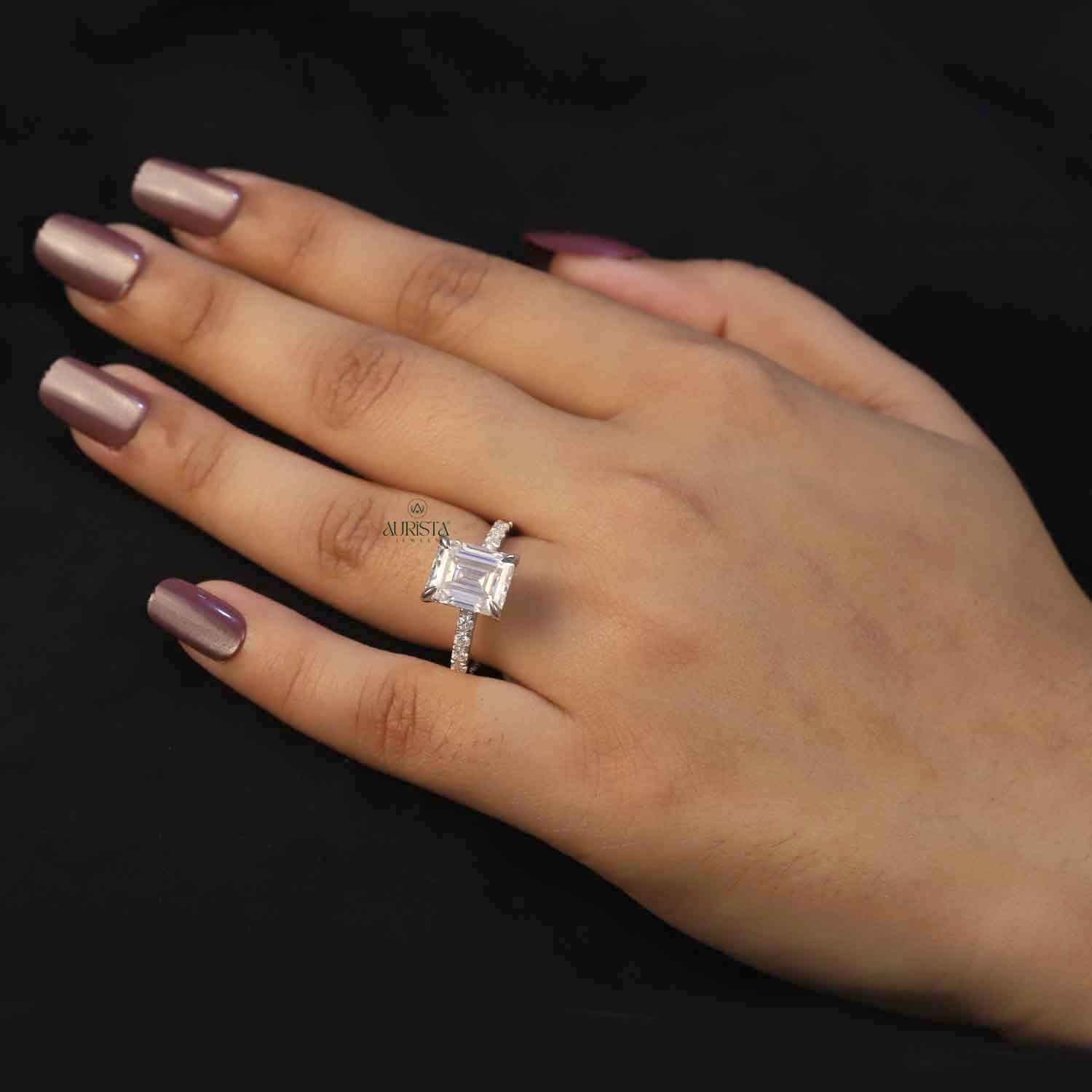 Emerald Cut Lab Grown Diamond Engagement Ring, Pavé Wedding Ring