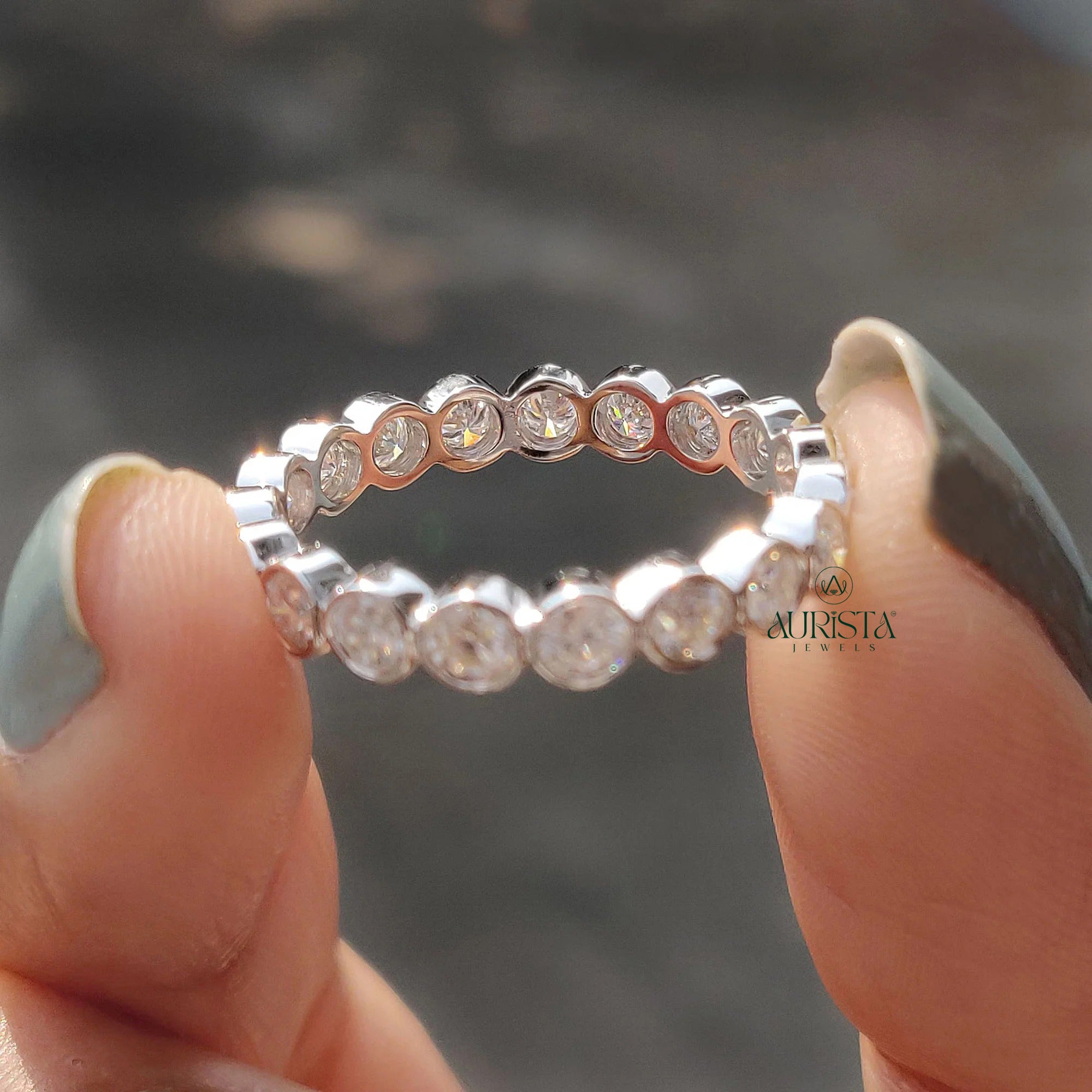 Moissanite Diamond Bezel Eternity Band Minimalist Stackable Wedding Ring