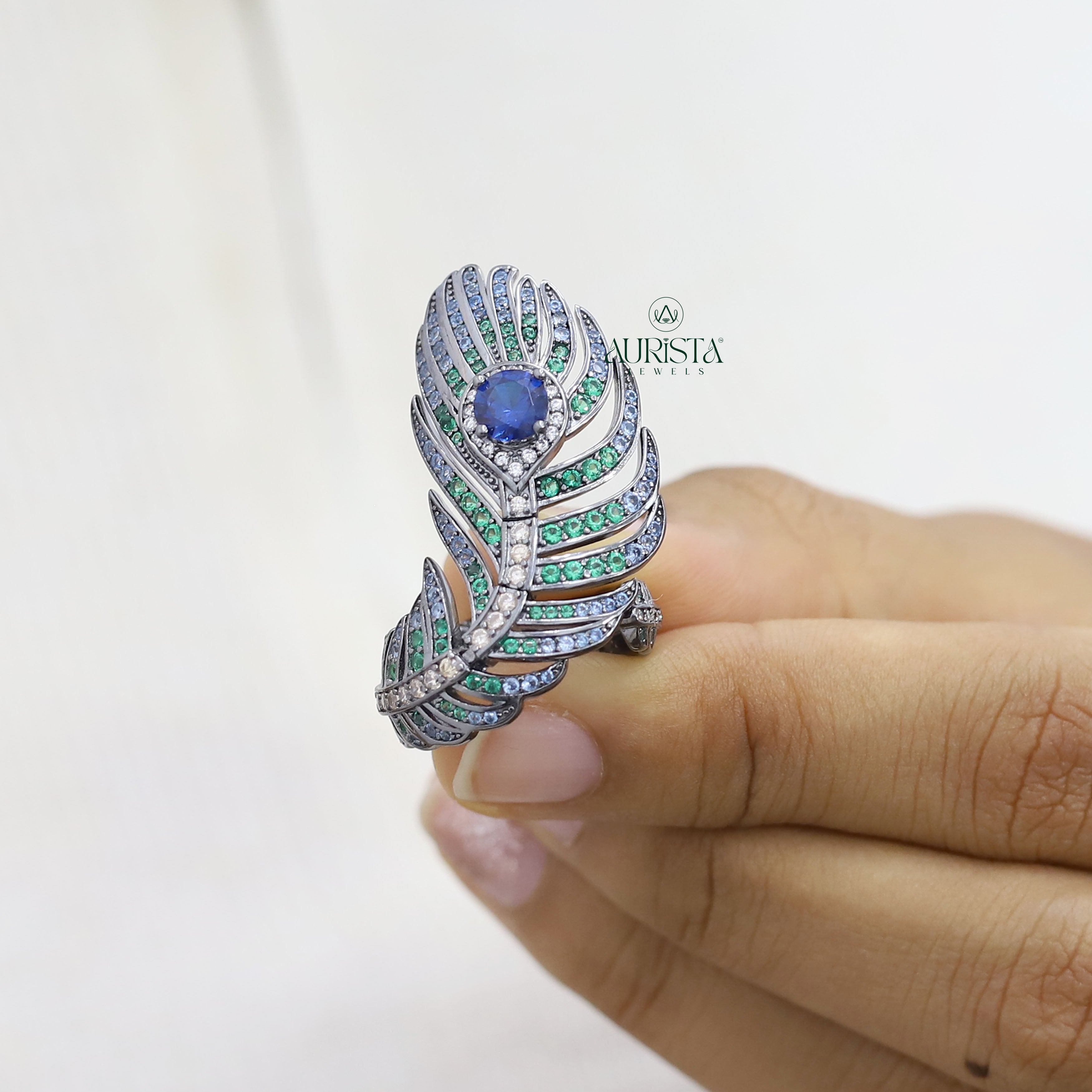 Peacock Feather Moissanite Ring - Blue Sapphire & Round Gemstone Statement Ring