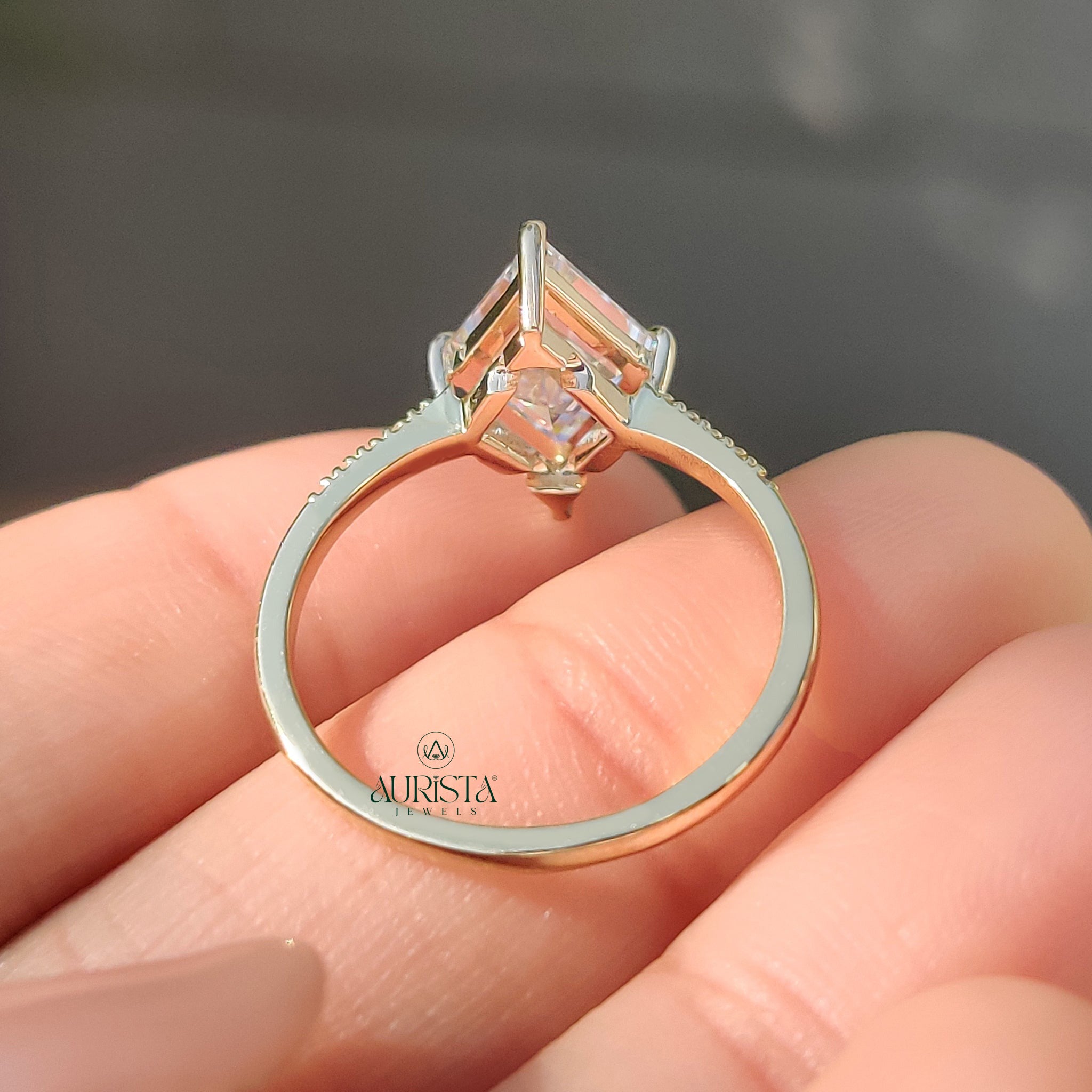 Kite Shaped Step Cut Moissanite Diamond Bridal Ring, Pave Band Stackable Wedding Rings