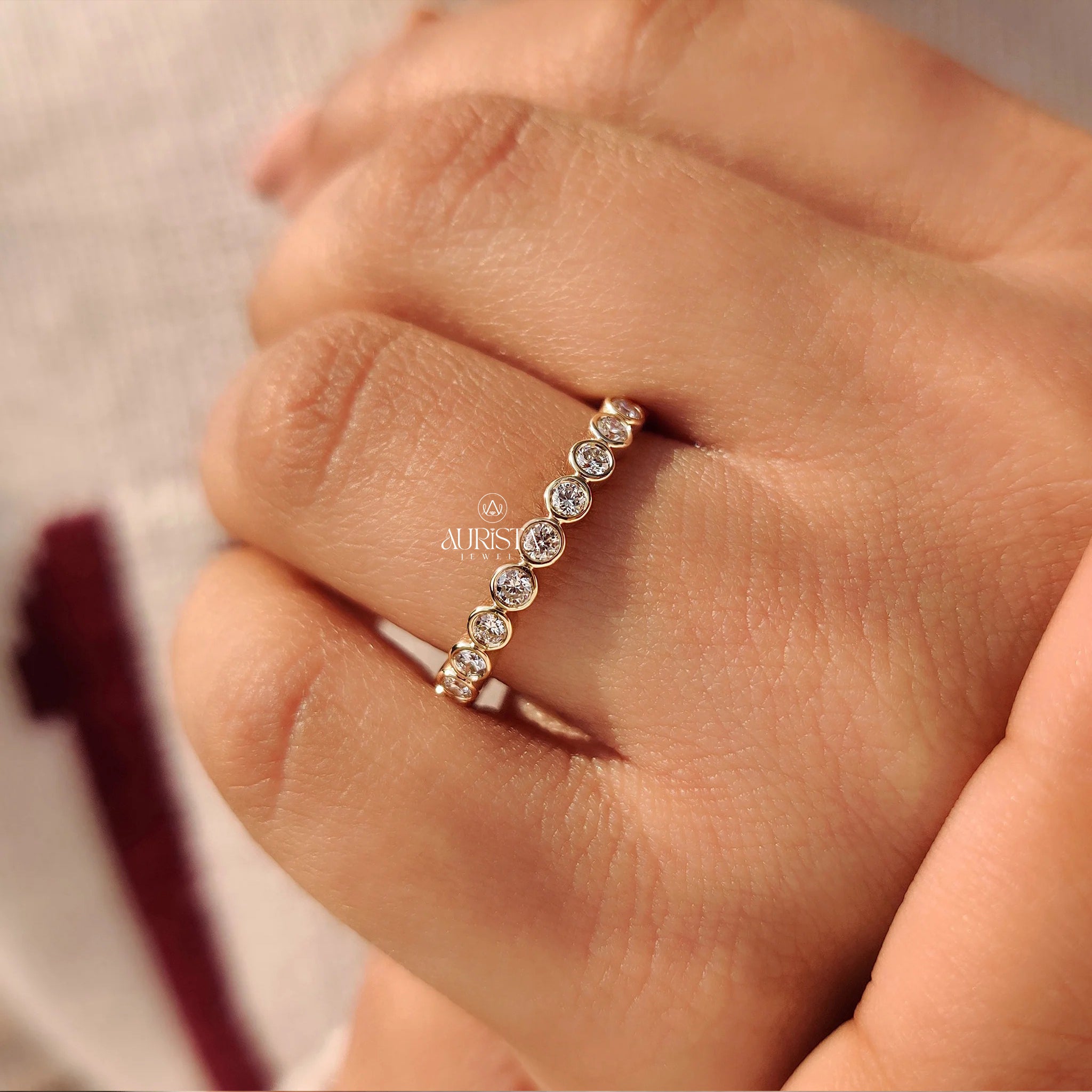 Bezel Set Moissanite Diamond Eternity Band, Round Gold Stackable Wedding Ring for Her